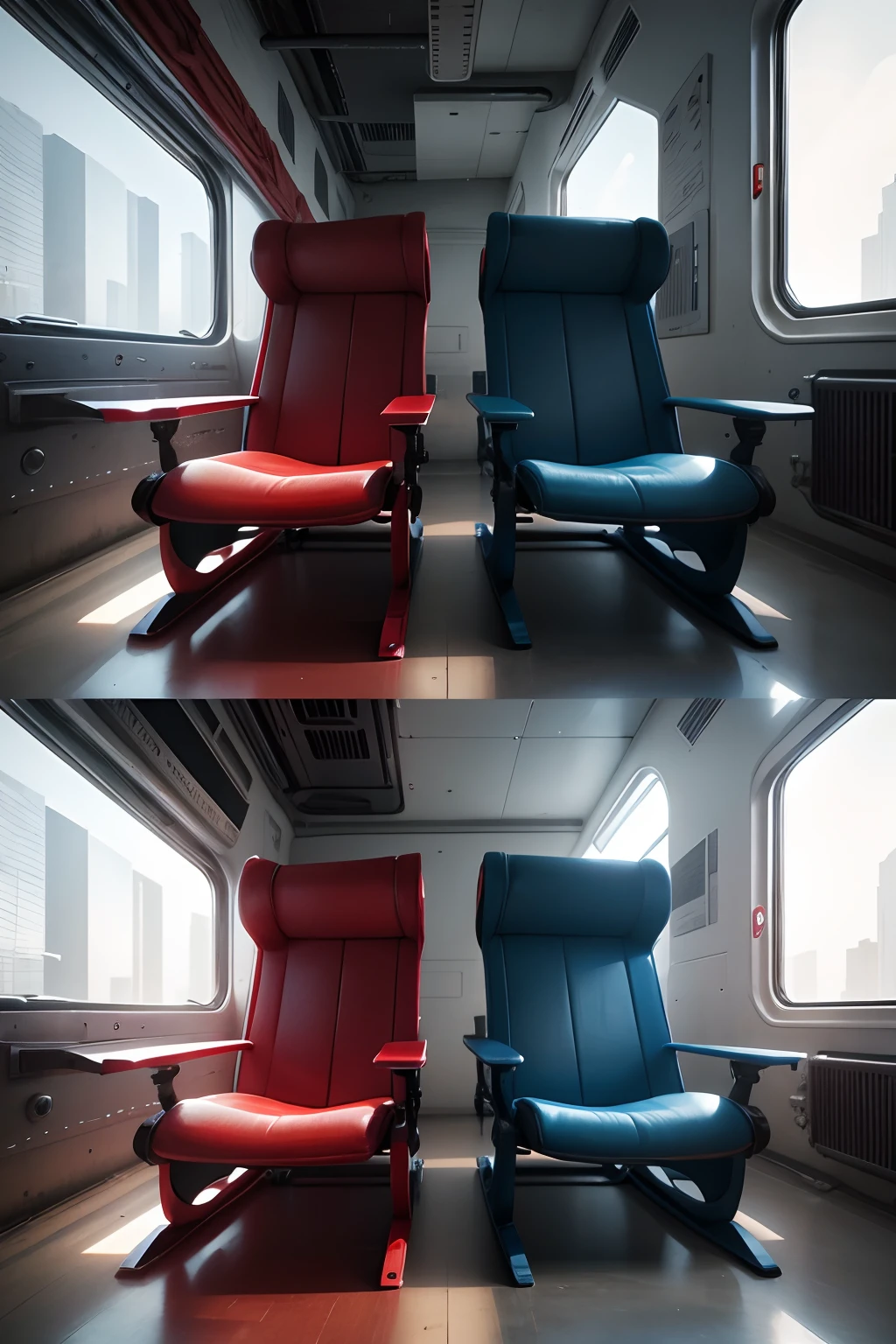 Red and blue chairs,With sci-fi overtones