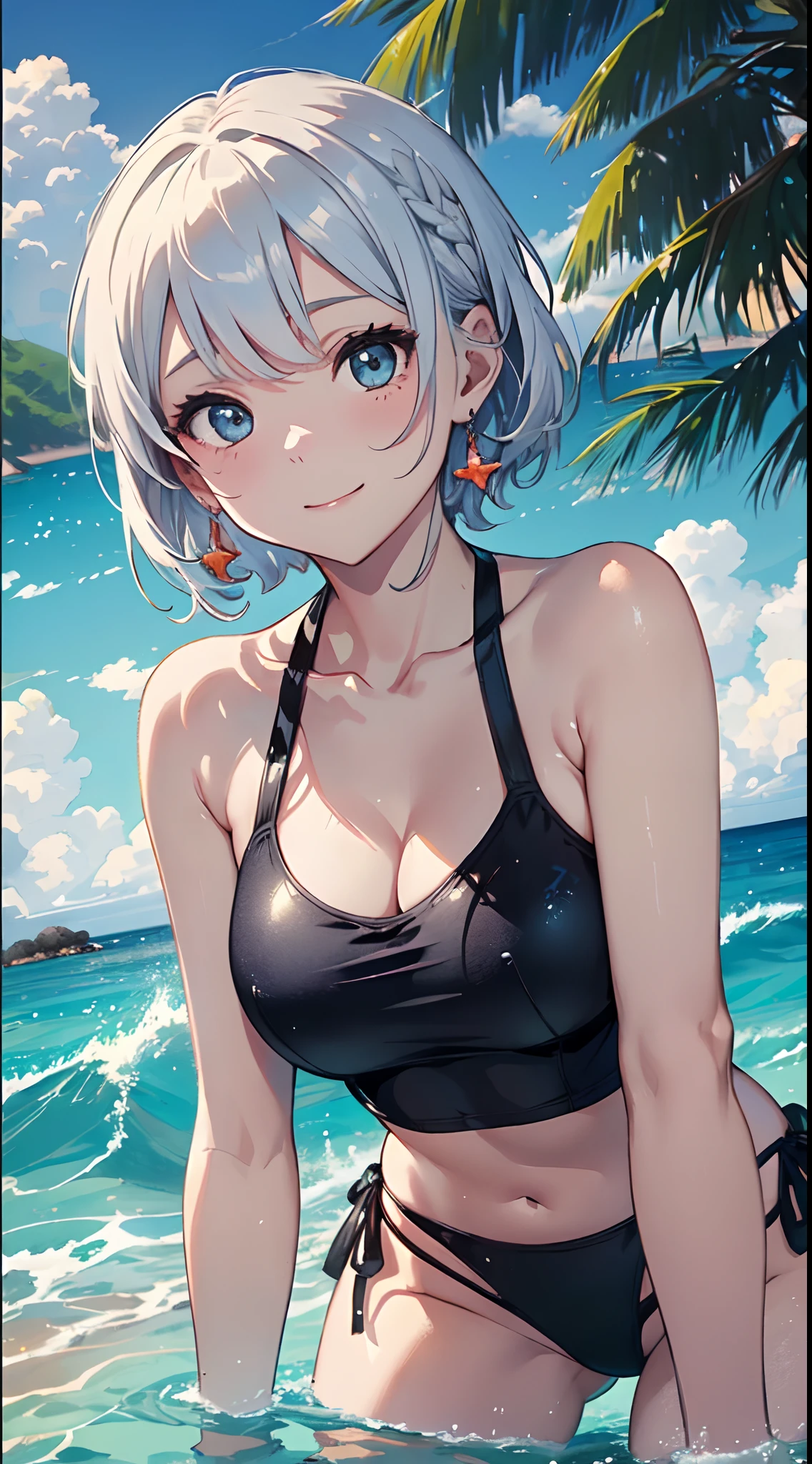 1girl, full body, solo, (masterpiece, best quality, realistic, hyper-detailed:1.2), high resolution, absurd, (light blue stripe bikini), short hair, looking at viewer, platinum blonde hair, blue eyes, hairpin, slender, (shiny skin, sweaty:1.2), sharp focus, depth of field, detailed eyes, sharp pupils, realistic pupils, (small breasts:0.8), li, outdoor, twilight, summer