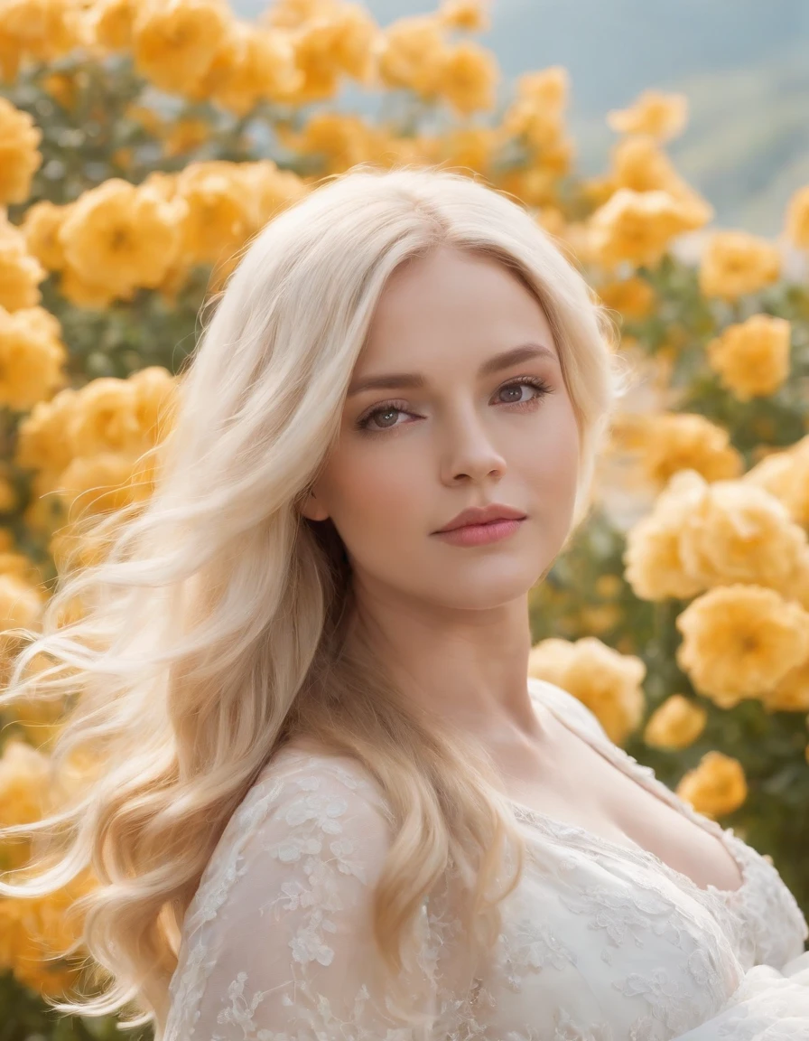 Close-up photo of a pregnant woman, Beautiful pregnant woman, Stand , long hair flowing with the wind, In the middle of colorful flower beds, White dress,((with short golden hair)),beautiful flowers
