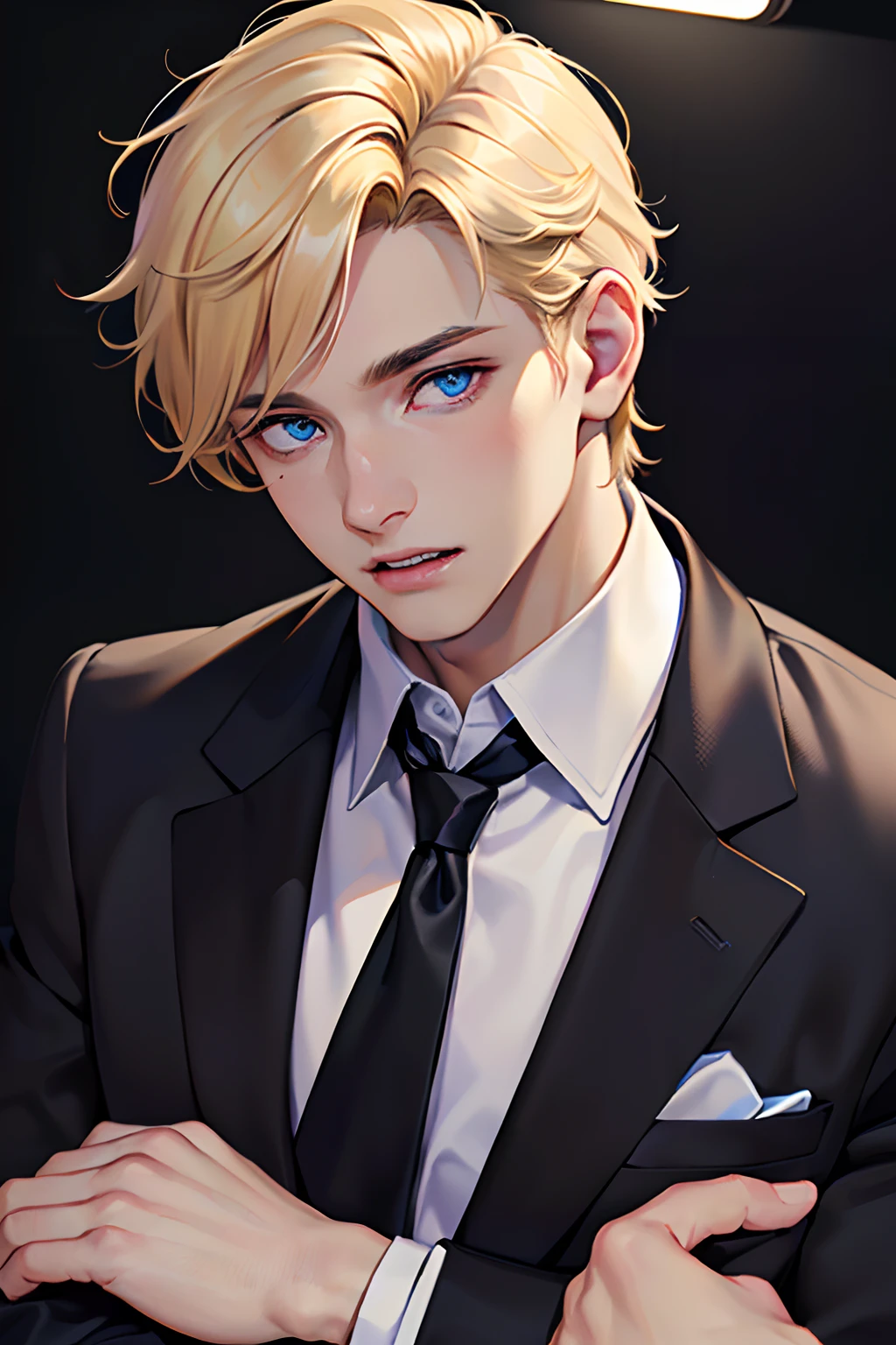 (masuter piece,Best Quality,Ultra-detailed), (A detailed face), 1boy, A young man who left his boyhood behind,(front-facing view),(Photorealsitic:1.2),(side lights,Beautiful Eyes of Details:1.2),Blonde colored hair,Face focus,Black suit,Black jacket,Black necktie,Vampires,Confident,10 Billion Man,blue eyess,Mafioso,Secret associations