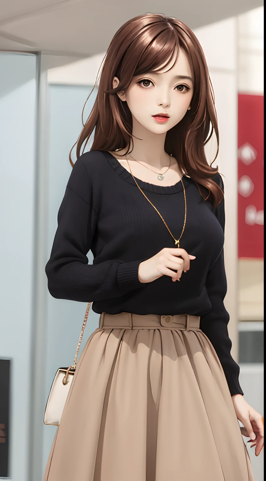 best quality, ((masterpiece)), highly detailed, shopping center,
1girl, solo, Midou Miu,
looking at the viewer, slight smile, closed mouth, standing,huge breast,
brown eyes, brown hair, long hair, shiny hair, necklace, black sweater, brown skirt, long skirt