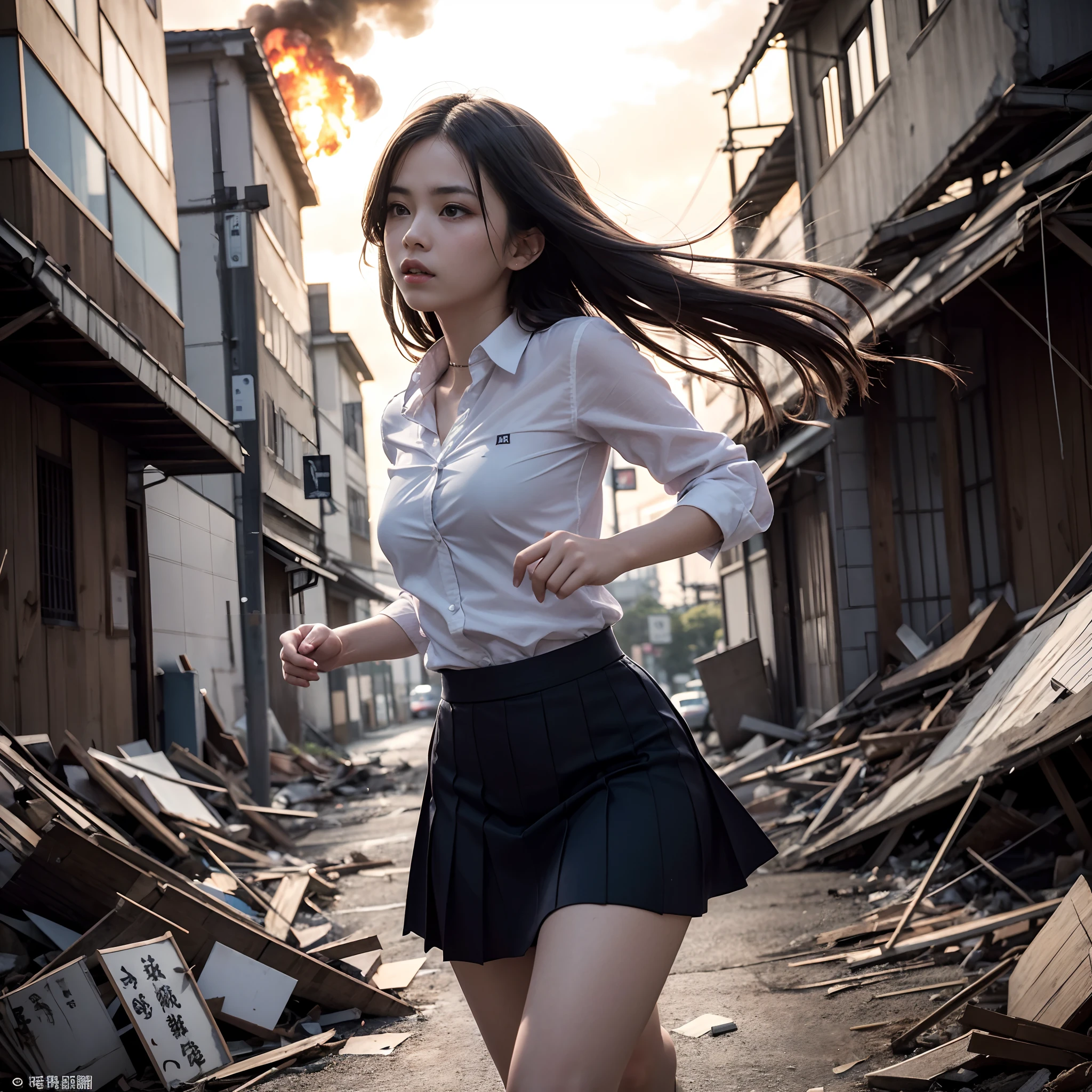 独奏,best quality,nsfw,pointy breasts,large breasts,(((show off nipple))),Girl, flight, (Burnt city in ruins:1.2), (blush:1.2), Part your lips, Kneel on the ground, it&#39;s raining, Red eyes, Have, White military foam, White Short Pleated Skirt, Under the skirt, masterpiece, detailed, Intricate details, belt, From above, View your viewers