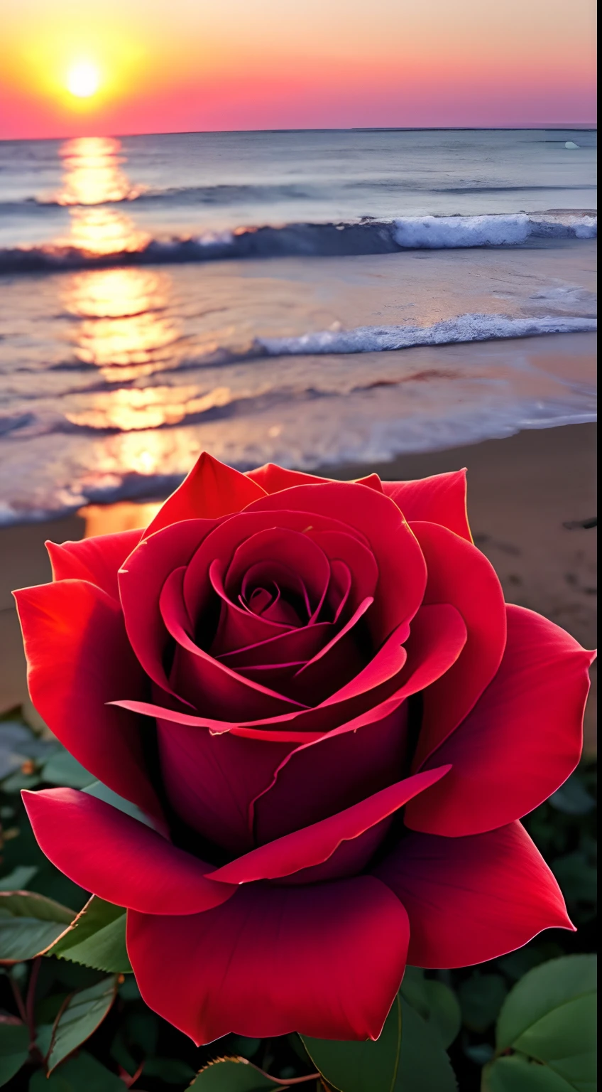 Close-up shot, a rose flower, the background is the gorgeous sunset by the sea, real texture, warm