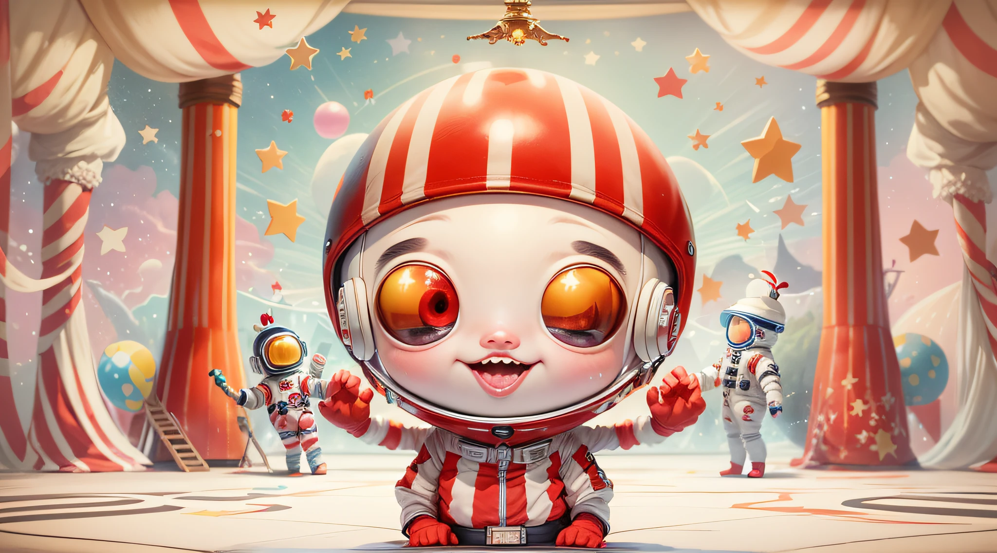 "((Best quality)), ((masterpiece)), ((dreamy)), ((colourful)), "Imagine a dreamy fantastical dreamscape where magic show, magician with a detailed caricature cute spaceman is playing, big head short hands short legs short body, big round opaque helmet covered face, white space suit, wear big "red headphone", hands with red gloves, background is a circus, chaotic, fun, performance, circus canvas tent