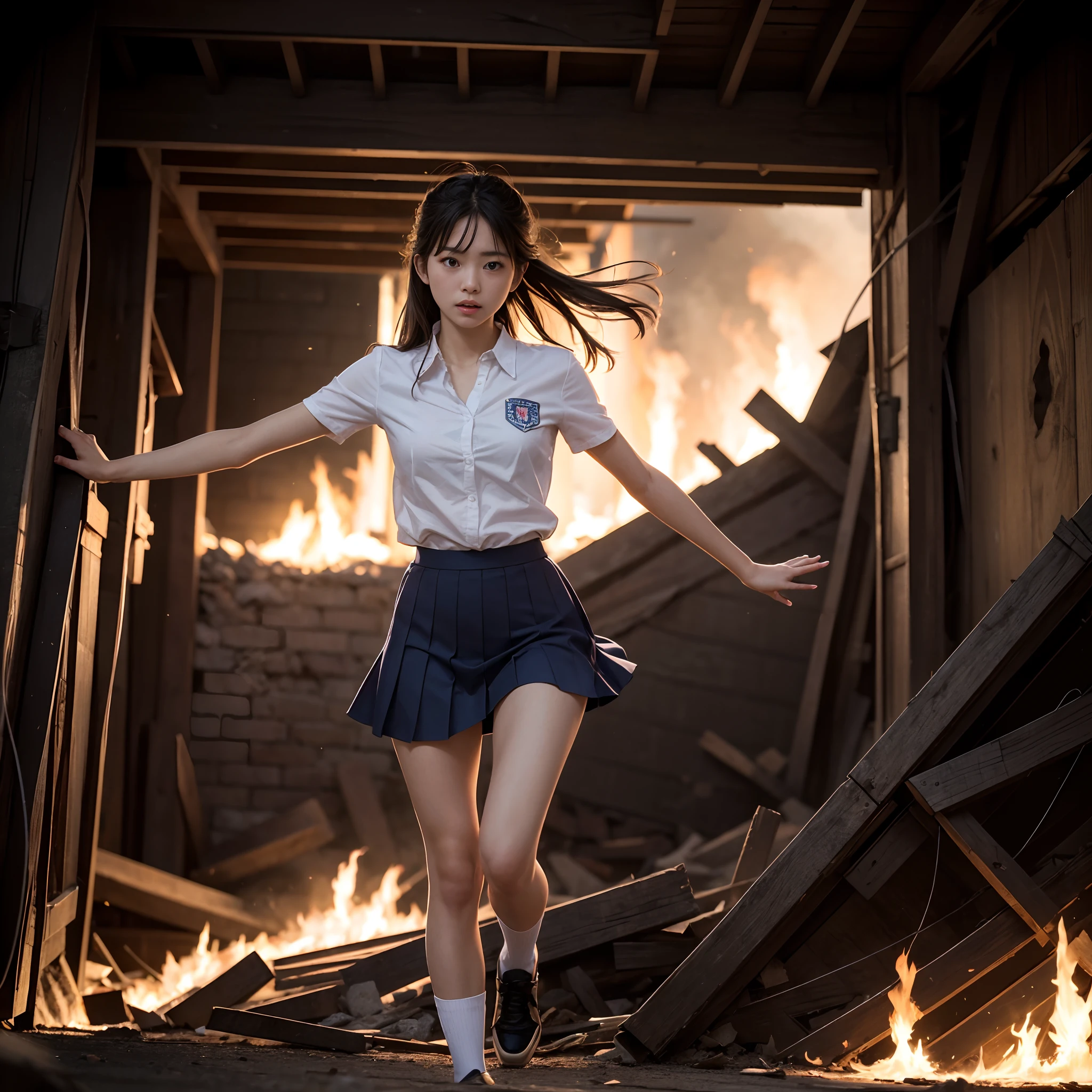 (in 8K、RAW Photos、top-quality、​masterpiece:1.2)、(realisitic、Photorealsitic:1.37)、ultra-detailliert、超A high resolution、Heroine of a monster movie、Japan beautiful -yeld scesperately fleeing from giant monsters in devastated Tokyo、School Uniforms、dishevled hair、ripped shirt、Dirty shirt、Torn skirt、Running through the rubble、building crumbling、Burning flame、de pele branca、slick skin、stunningly beautiful face、dynamic ungle、动态照明