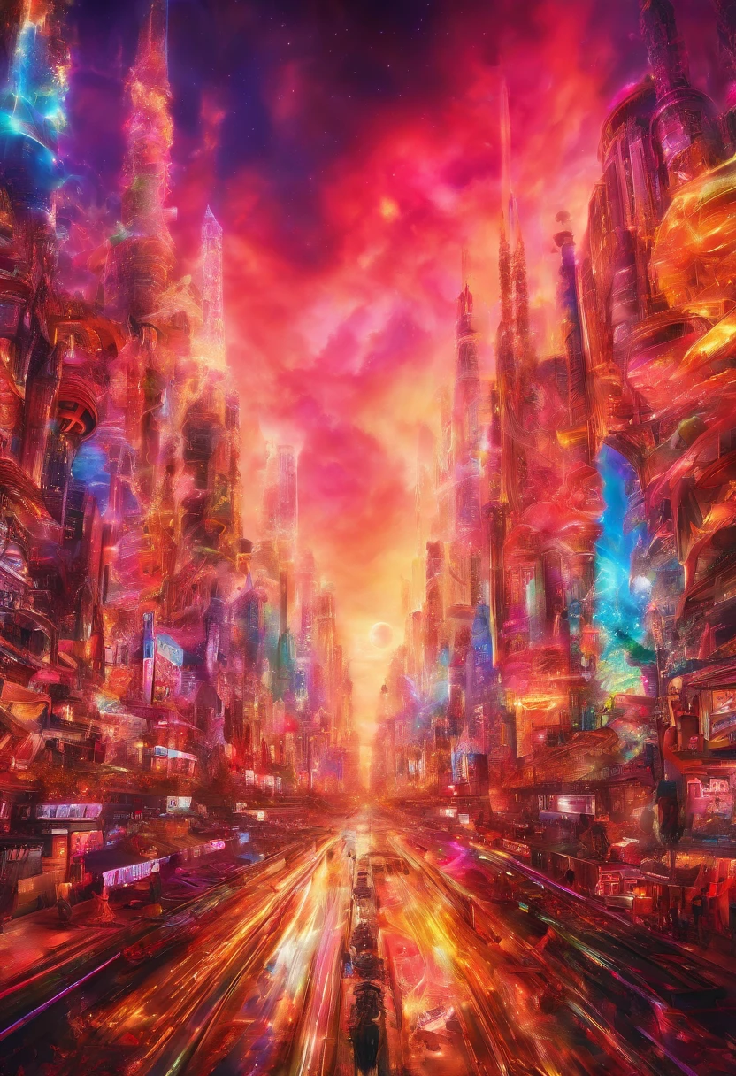 photo realistic, electric spectaculars, mirage of future city, straight road toward back, 8K, highly detailed, extreme coloring, spiritual