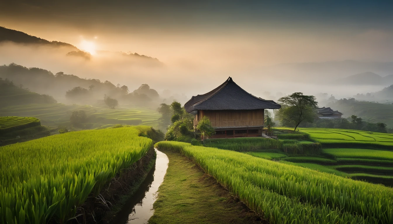 ultra-wide-angle, Look down from the top of the mountain, Wide layer々Field, mountain scene, Lodge, There are rice paddies, Rice fields, Neat rice seedlings in the field, Foggy rain, vila々, lavoura, in a serene landscape, Foggy weather, In the vast silence, Early in the morning, In the morning fog, behind a tiny village, Wright, Chinese countryside, thatched roof --v 6