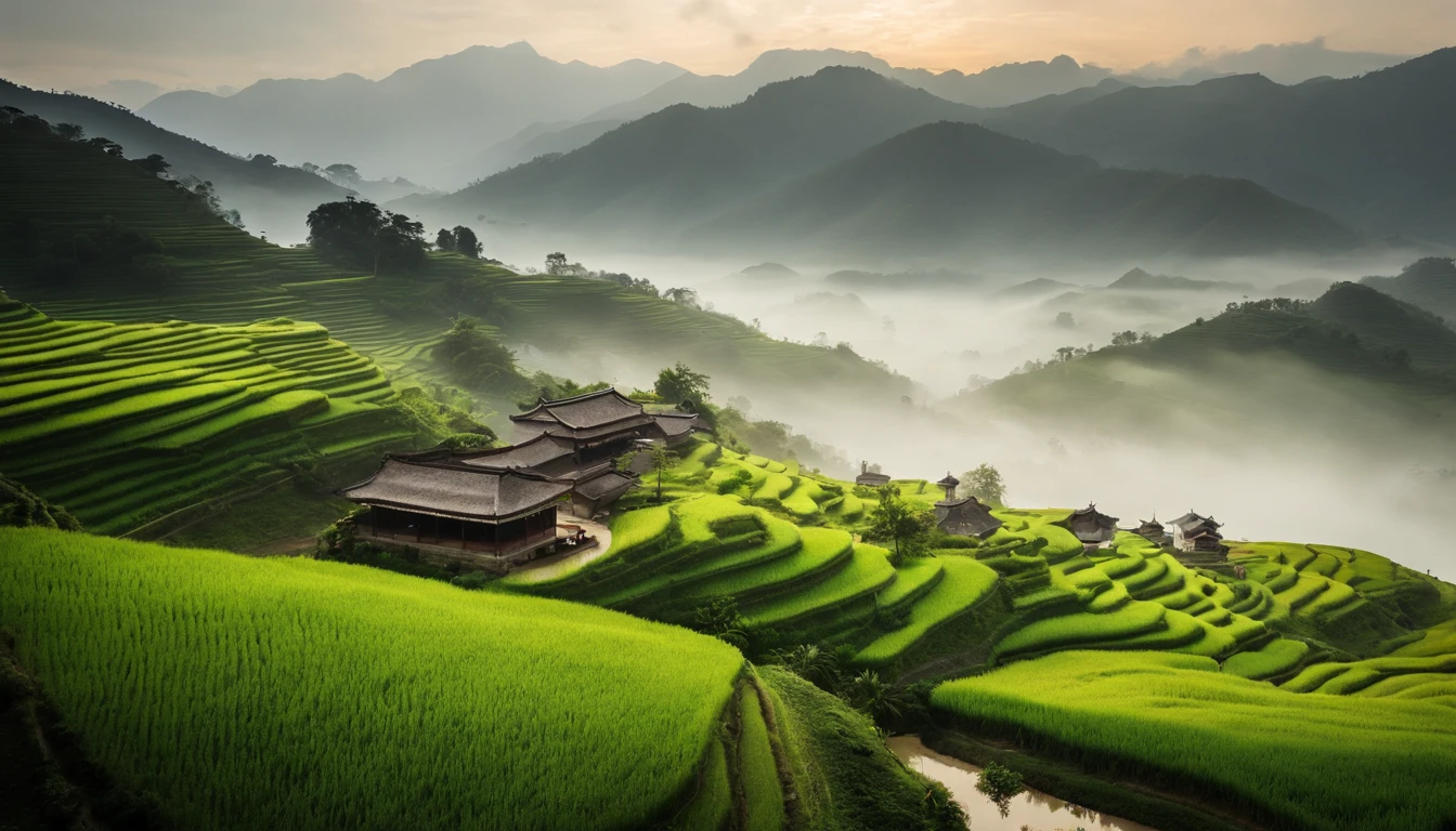 ultra-wide-angle, Look down from the top of the mountain, Wide layer々Field, mountain scene, Lodge, There are rice paddies, Rice fields, Neat rice seedlings in the field, Foggy rain, vila々, lavoura, in a serene landscape, Foggy weather, In the vast silence, Early in the morning, In the morning fog, behind a tiny village, Wright, Chinese countryside, thatched roof --v 6