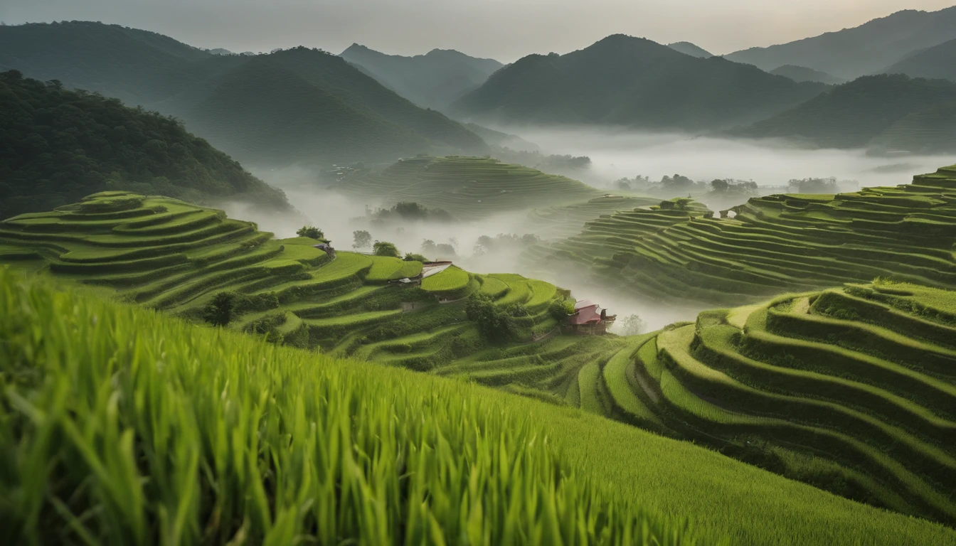 ultra-wide-angle, Look down from the top of the mountain, Wide layer々Field, mountain scene, Lodge, There are rice paddies, Rice fields, Neat rice seedlings in the field, Foggy rain, vila々, lavoura, in a serene landscape, Foggy weather, In the vast silence, Early in the morning, In the morning fog, behind a tiny village, Wright, Chinese countryside, thatched roof --v 6