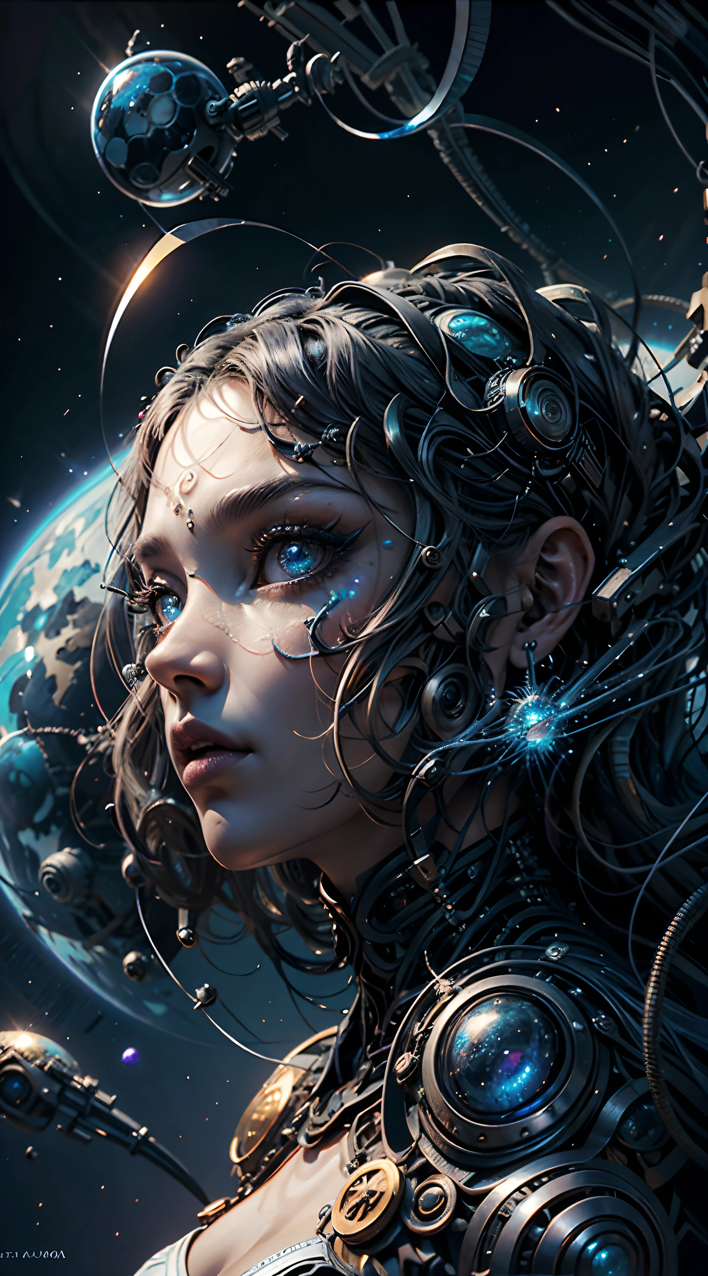 （melhor qualidade，Ultra - Detalhado，best illustration，Melhor sombra，tmasterpiece，A high resolution，ProfissionalArtwork，obras de arte famosas），Olhos detalhados，Olhos belos，clivagem em close-up，scientific fiction，esclera colorida，robot eyes，marcas faciais，Tatuado com，（fractalizado，olhos fractais），olhos grandes，olhos arregalados，（foco ocular），Foco Sface，Cosmic eyes，Olhos espaciais，Close-up da escultura de metal de uma mulher com um universo em seu cabelo，deusas。Detalhe extremamente alto，Retrato da deusa 3D，Imagens extremamente detalhadas da deusa，Um retrato impressionante de uma deusa，Imagem lateral da deusa，Retrato de uma bela deusa，Retrato em close-up de corpo inteiro da deusa，hecate goddess，Portrait of a goddess of the Nordic universe，goddess of space and time
