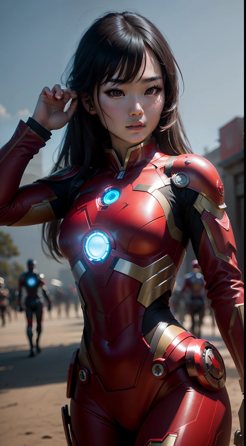 Chinese beauty girl as ironman wearing ironman armor, showing of body, photos shoot detailing, ultra realistic human, focus light and shadow, high contrast