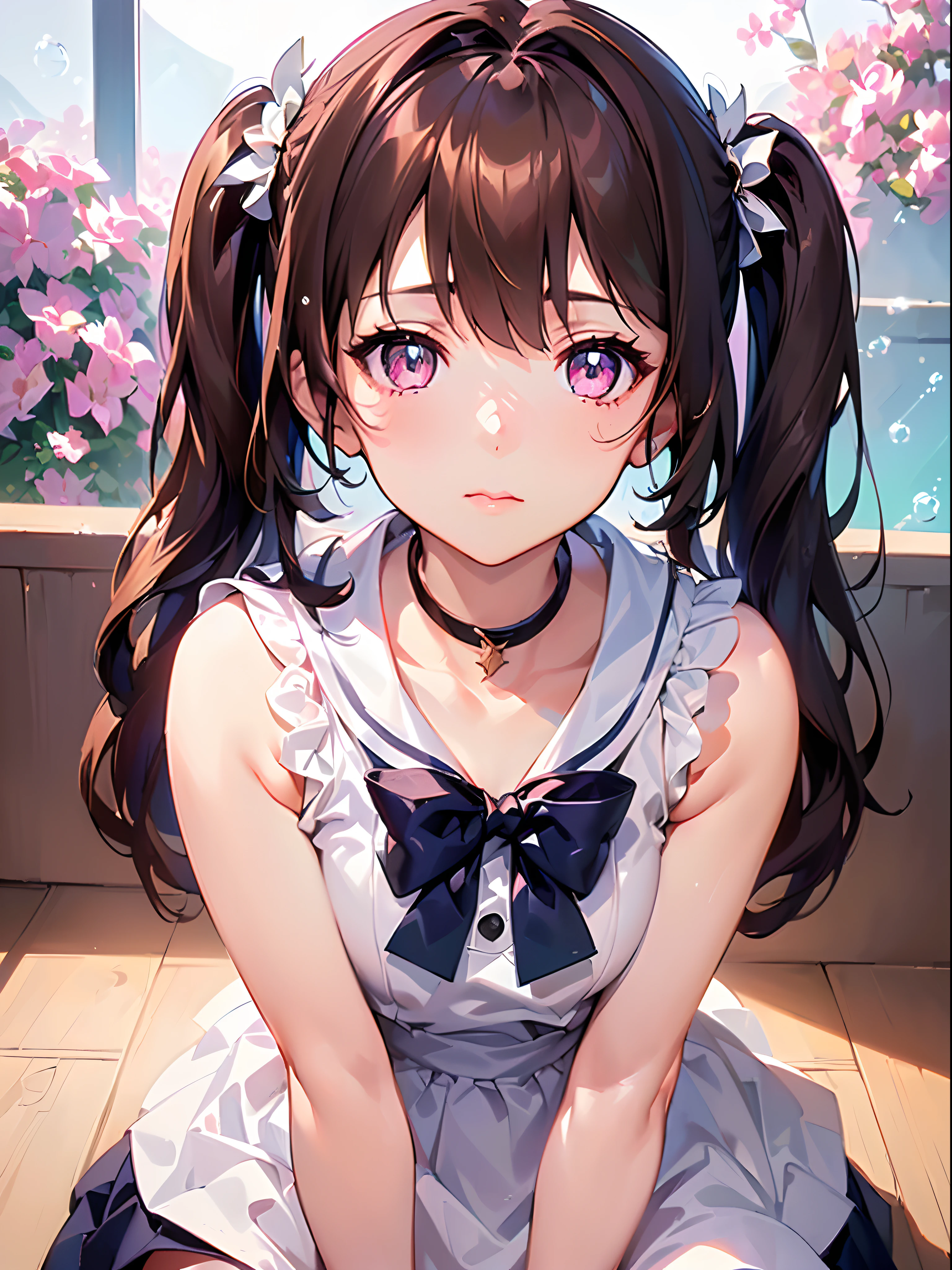 ((brown haired deity,short hair,side bangs,brown hair)),(Glowing eyes:1.233), diffused reflections, high key, Majestic,Blushing,milf,mature face,a mature girl,mature,)(Beautiful and detailed eyes:1.3),(((1girll,Solo,tsuntere,)))(Masterpiece,Best quality, offcial art, Beautiful and aesthetic:1.2),(超高分辨率,Golden ratio), (4K),(looking from above),(((((sitting,))))), (((colourful Planet,bubbles,full bloom,Glowing light),Cinematic lighting,Natural lighting,RTX ON,Ray tracing,The greatest optical visual painting)),(Photo mapping, Physically-based rendering,automatic white balance),Amazing,Sharp focus,(((sailor dress,bouquet,pink flowers)), (((highdetailskin,)))Dynamic lighting,intricate outfits,Watery eyes,(masterpiece sidelighting),(An extremely sexy girl,The sheen),[[Delicate fingers and hands:0.6]::0.85],(Detail fingers),((((Break,design an image with fisheye lens effect, capturing a wide field of view with a distinctive, curved perspective.Break,)))Superior photographic quality,((extremely_Detailed_Eyes_and_face)),(Disheveled hair),Movie girl,Brilliant,Drifting nebula, Glossy,Striking contrast,High saturation