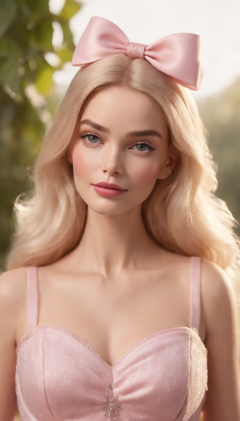 Cinematic scene,, Margot Robbie as Barbie,(photorealistic:1.4),shallow focus,establishing wide shot,1 girl, solo, cute face, (blush,shy:1.3),long eyelashes, (light yellow long soft waves hair:1.2), (huge-pink-bow headdress:1.3), cartoon_portrait, BEAK (The Mesh Overlay Dress: Wearing a dress with a delicate mesh overlay, adding an element of allure to her ensemble:1.2), playful dynamic pose, BEAK, (style of Barbie pink), (photorealistic:1.6),(best quality, masterpiece, intricate detail), highly detailed, depth of field, nature lights, upper body