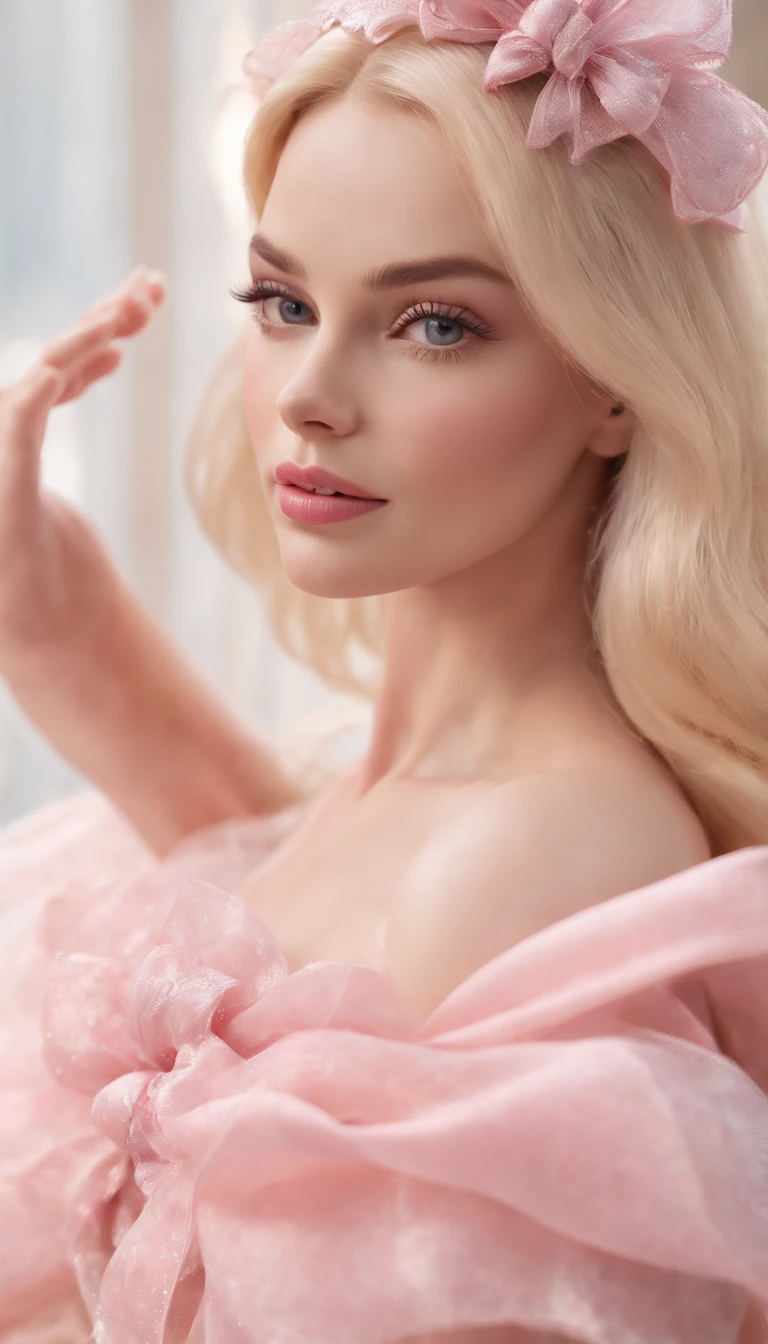 Cinematic scene,, Margot Robbie as Barbie,(photorealistic:1.4),shallow focus,establishing wide shot,1 girl, solo, cute face, (blush,shy:1.3),long eyelashes, (light yellow long soft waves hair:1.2), (huge-pink-bow headdress:1.3), cartoon_portrait, BEAK (The Mesh Overlay Dress: Wearing a dress with a delicate mesh overlay, adding an element of allure to her ensemble:1.2), playful dynamic pose, BEAK, (style of Barbie pink), (photorealistic:1.6),(best quality, masterpiece, intricate detail), highly detailed, depth of field, nature lights, upper body