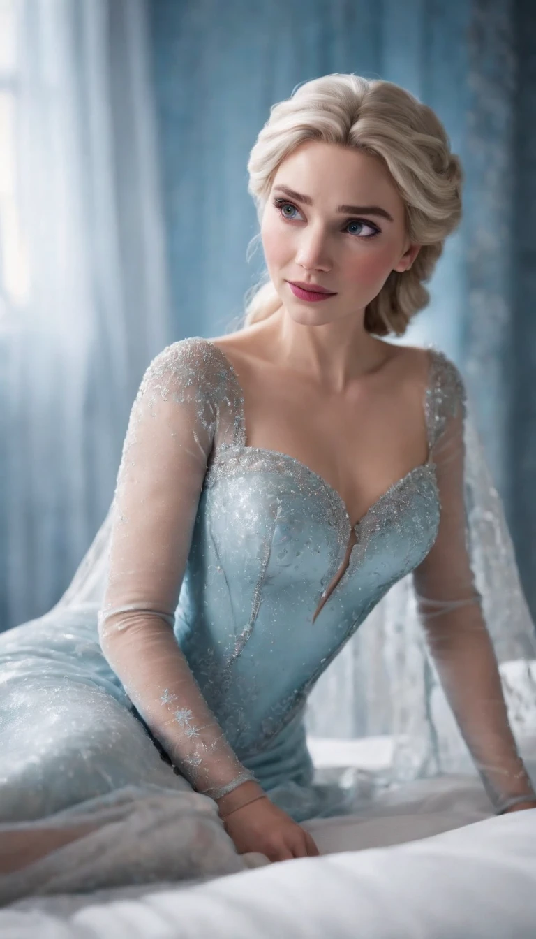 elsa frozen at 18 years old  at the bed, open legs, (showing ), walt disney, medium shot