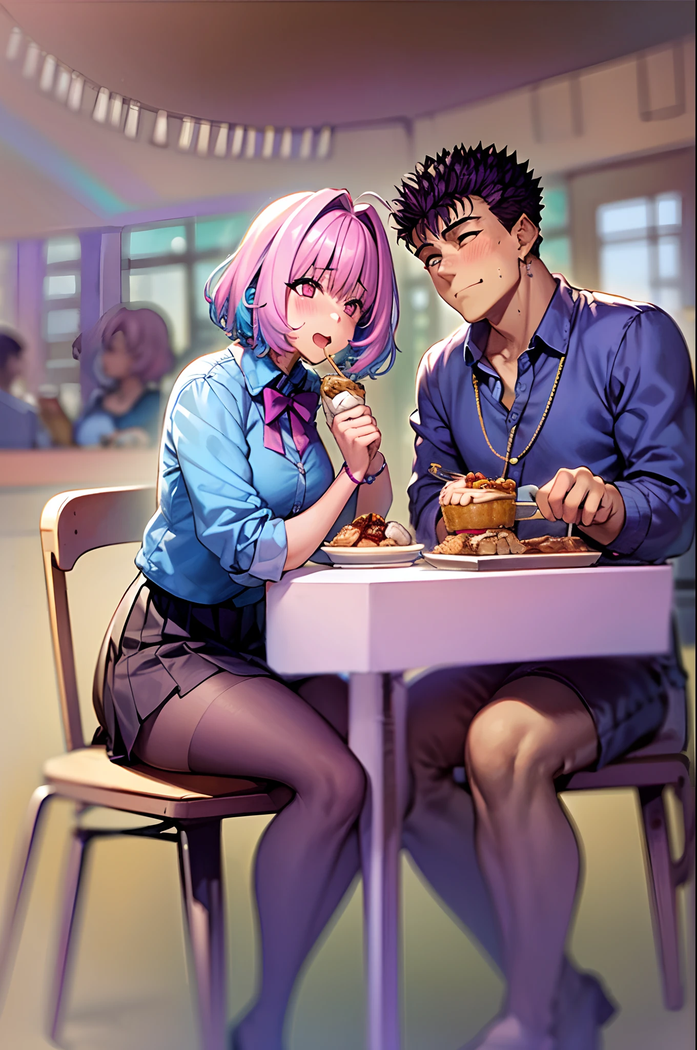 masterpiece, best quality, 1girl, riamu, blue shirt, pleated skirt, solo, simple background, riamu and guts, husband and wife, couple happy in a beach, , purple hair,1boy, in couple, affection, love,relationship, lovey dovey, happy, , , , eating food in a restaurant,