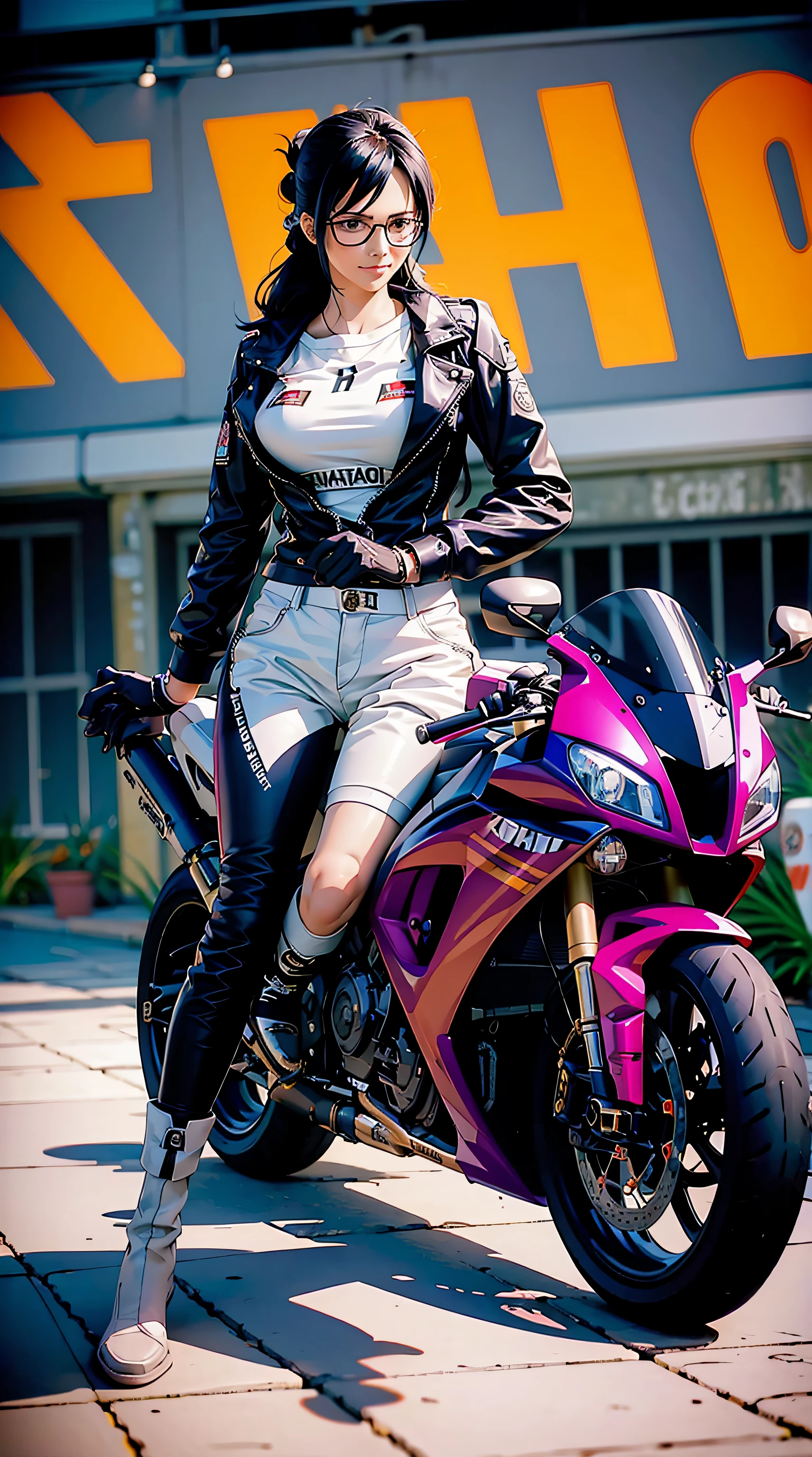 yhmotorbike, Tashigi, wearing glasses, long hair, black hair, motorbike, Kawasaki ninja, beautiful, beautiful woman, perfect body, perfect breasts, riding a sports motorbike, white motorbike, wearing racing boots, wearing gloves, black leather jacket, black pants, is in the parking area, gas station, looking at the viewer, realism, a slight smile, masterpiece, leather textured, super detailed, high detail, high quality, best quality, 1080p, 16k