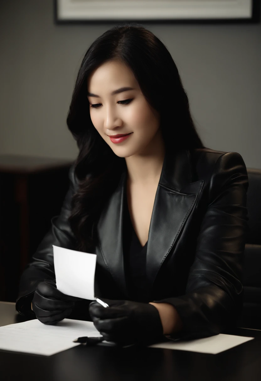 Wearing black leather gloves in both hands, upper body, black business suit, facing the desk in the modern study in the dark, looking down, smiling, writing a letter using a fountain pen, long, straight black hair, young and cute face Japanese female new employee (black leather gloves cover both hands)