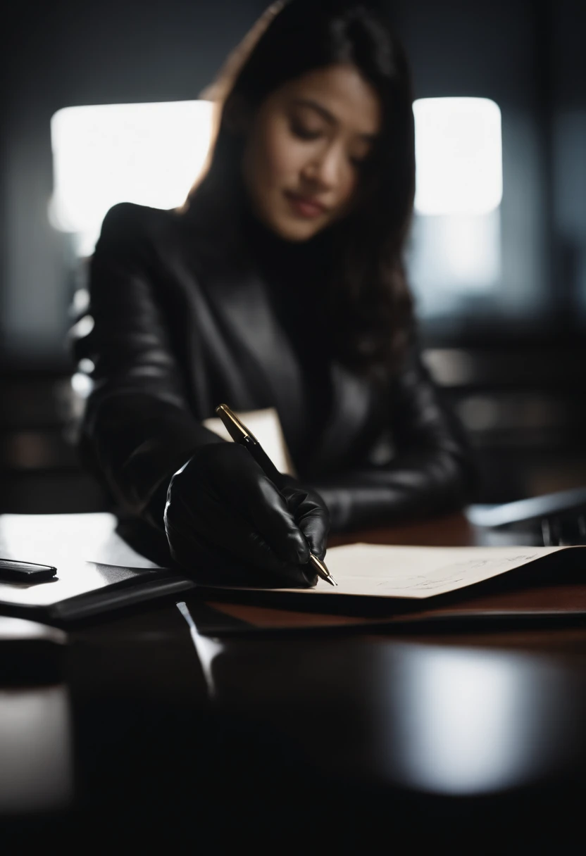 Wearing black leather gloves in both hands, upper body, black business suit, facing the desk in the modern study in the dark, looking down, smiling, writing a letter using a fountain pen, long, straight black hair, young and cute face Japanese female new employee (black leather gloves cover both hands)