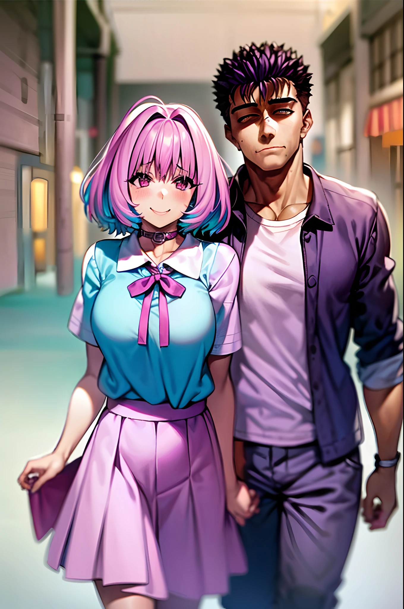 masterpiece, best quality, 1girl, riamu, blue shirt, pleated skirt, solo, simple background, riamu and guts, husband and wife, couple happy in a beach, , purple hair,1boy, in couple, affection, love,relationship, lovey dovey, happy, , smile, walking, in a family mart