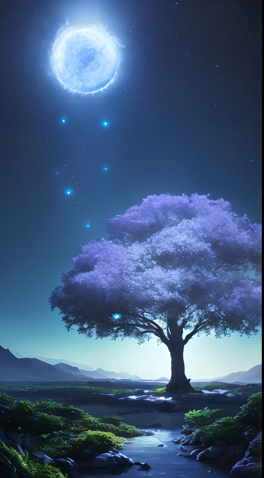 Illustration of a hyperrealistic , otherworldly, ultrasky scene featuring a giant crystal tree full body,very detailed and magical lighting, intricate forest details, vegetation and river around, solarpunk ,landscape, giant tree, beatifull leafy with beautiful lighting and realistic proportions, as if it were a cinematic background, 8k, highest quality, masterpiece, clouds and stars in the sky.