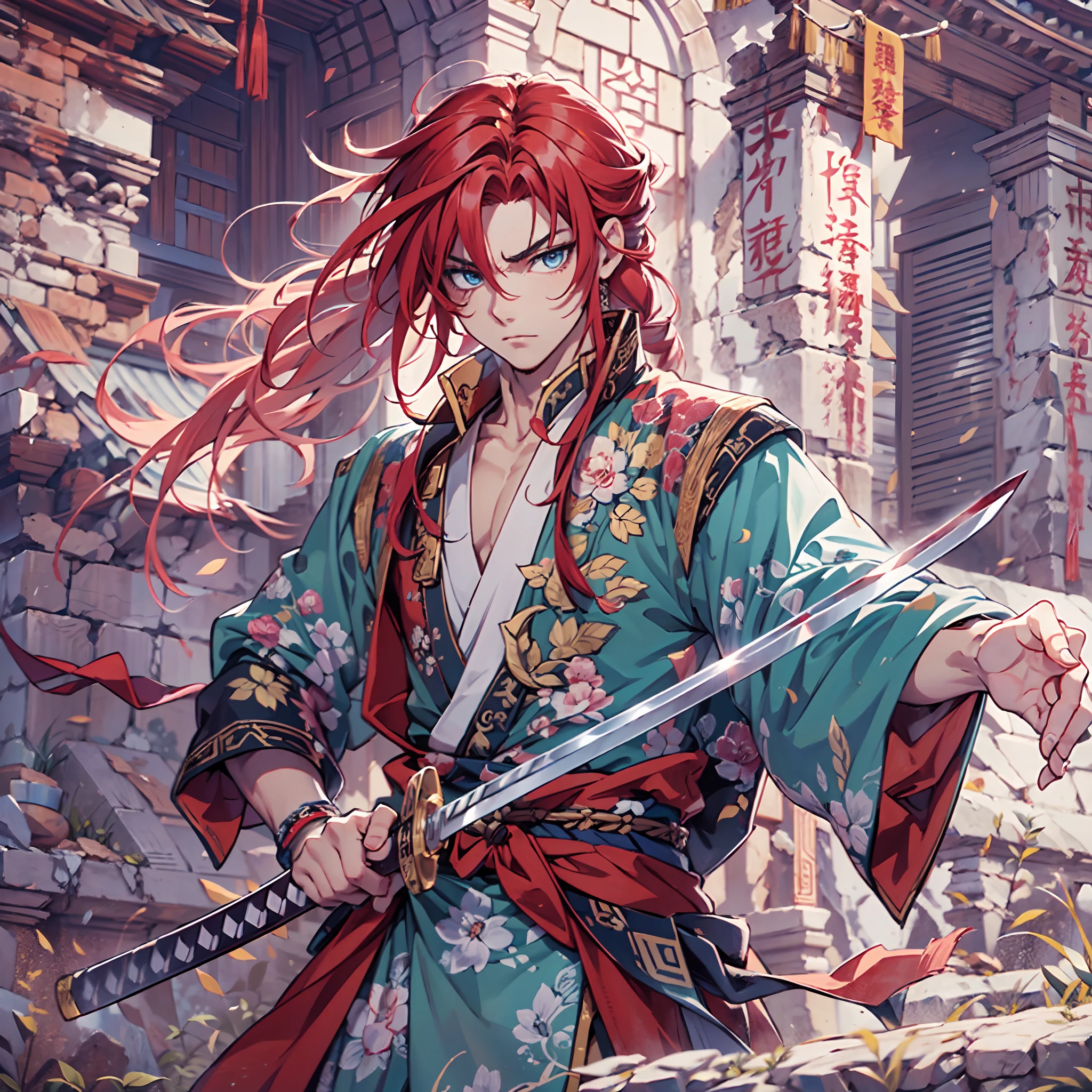 Ultra High Definition, Ultra High Quality, Extremely Detailed, Perfectly Detailed, Masterpiece, 8k, 1 Boy, Look A Like Xin From Kingdom Anime, Handsome, Equipped With Chinese Emperor Silk Clothes, Solid Light Blue Eyes, Long Red Hair, Holding A Perfectly Detailed Awesome Katana, Body Shot, Ancient Ruins Background