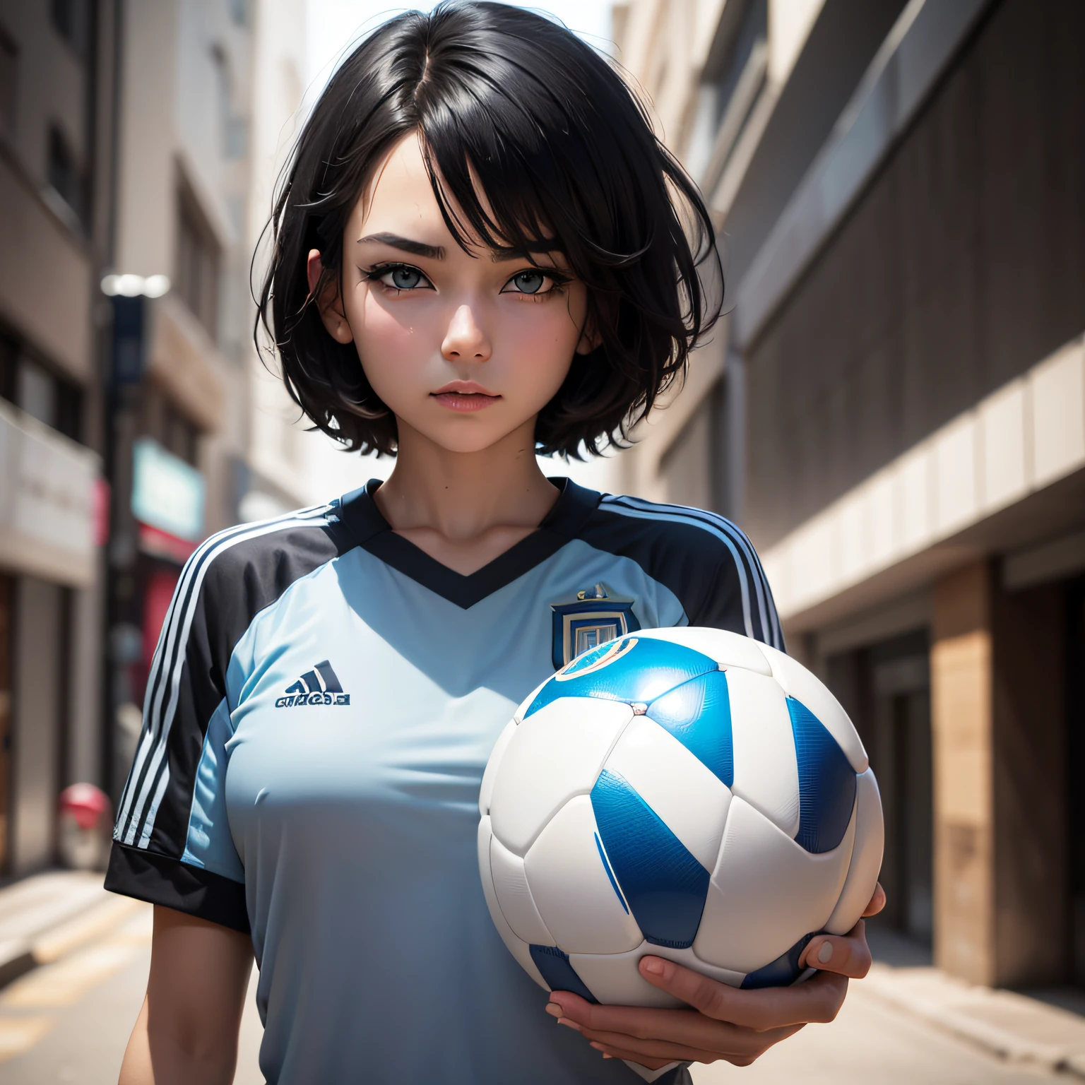 1 girl, short black hair, blue eyes, bloke core style fashion, wearing Argentina soccer jersey, Seoul, absurdess, high res, ultrasharp, 8K, masterpiece, looking at viewer