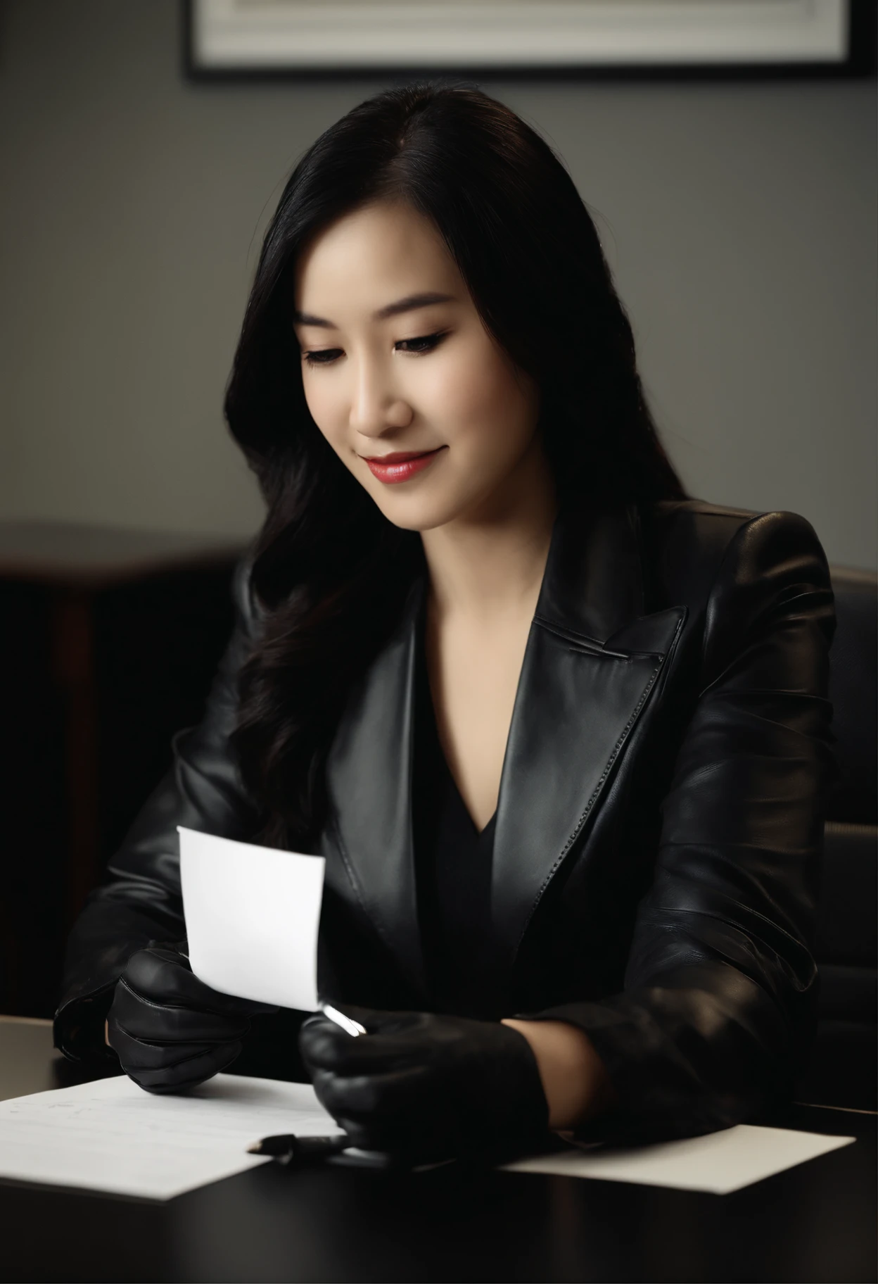 Wearing black leather gloves in both hands, upper body, black business suit, facing the desk in the modern study in the dark, looking down, smiling, writing a letter using a fountain pen, long, straight black hair, young and cute face Japanese female new employee (black leather gloves cover both hands)