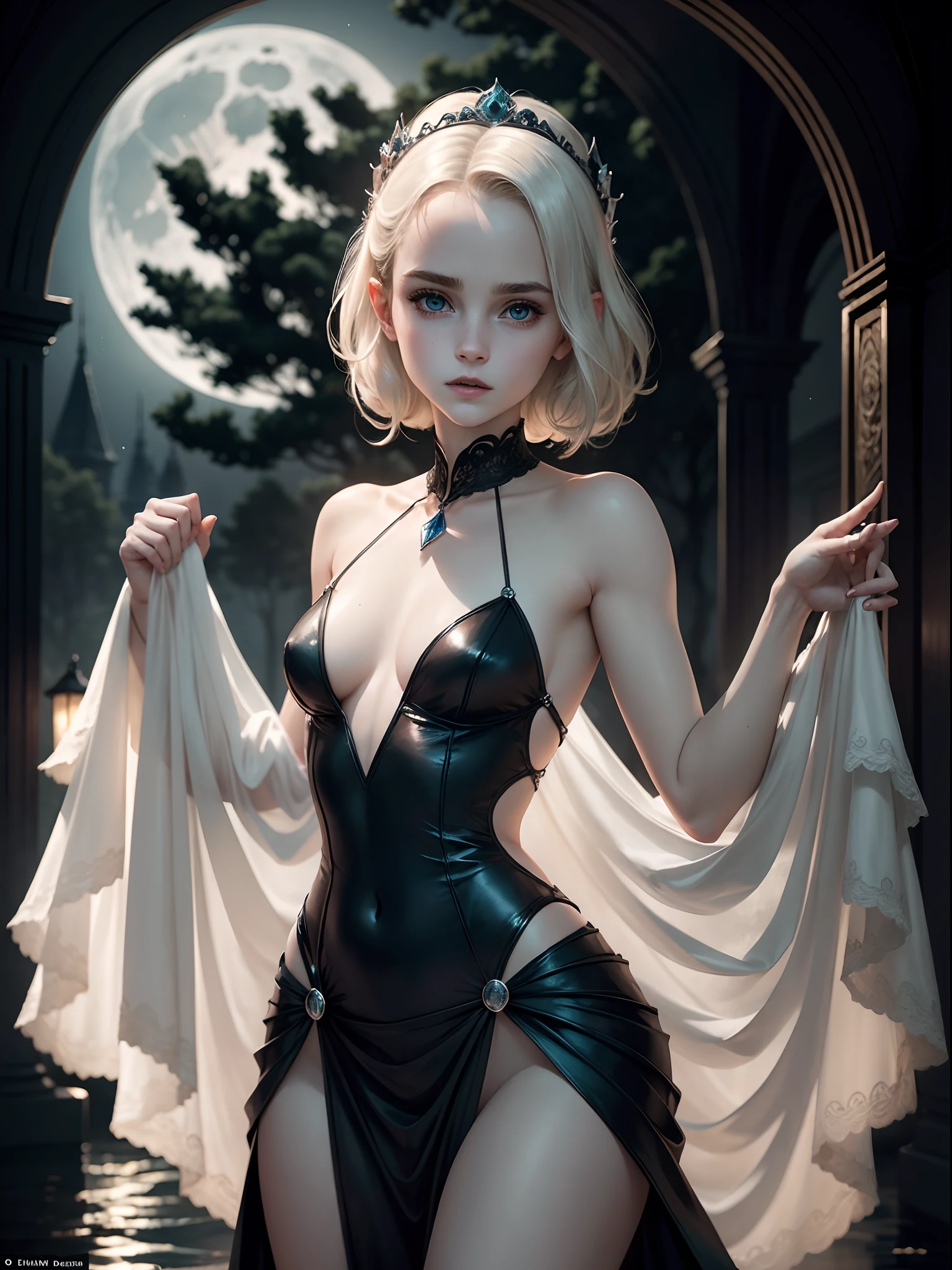 a emma watson emerges as a captivating figure, exuding an otherworldly allure. her pale skin, as flawless as porcelain, hints at her immortal nature, while her eyes possess an ethereal glow, drawing others into their mesmerizing depths. with an ageless beauty that defies time, the teenvampire girl possesses a slender and graceful frame. reflecting the moonlight with an enchanting luster