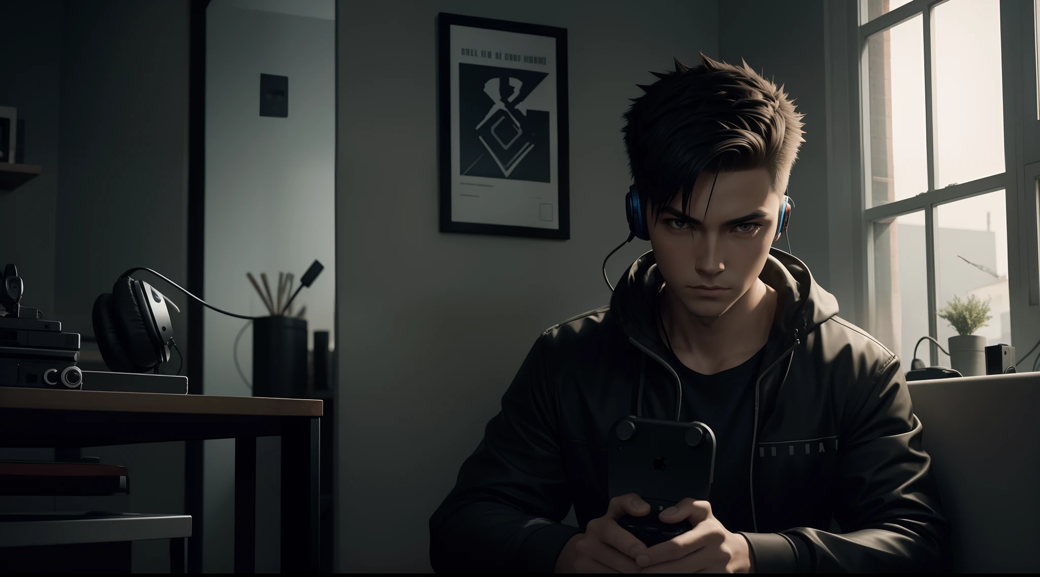 Urban legend with short spiky hair sitting front with controller in hand with headphone in ear seeing camera front