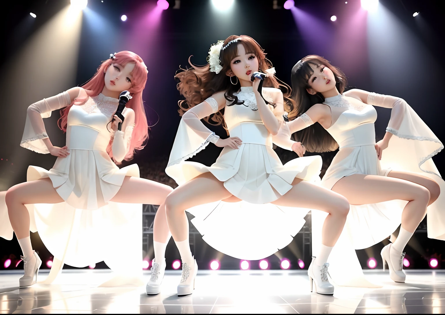 ((A trio of girls standing on the stage in the main hall))、(Rear view)、(look back),蛍光color、((3People Girls)),Look to the side、Beautiful Face、Beautiful Eyes、(Big Blue Eyes)、(Silver dull hair)、Shiny Hair、Glowing Skin、Reduce glare、Finger Proportion Adjustment、Escrow、Bat View、(Dancing()、Dynamic Angle、(Master Parts)、(Highest quality)、(Ultra detail)、(An Illustration)、(Detailed light)、(Very delicate and beautiful)、Dramatic Shadows、Ray Tracing、reflection、超高画質 High resolution、(Master Parts)、(Highest quality)、(Ultra HD)。 High resolution、((Colorful hair and mesh))、Her hair flutters in the wind、(大きな深い青colorの目)、Silver Hair、haired woman、Sparkling Butterfly、Sparkling Butterfly、黒haired woman、Points of light around the woman、Magical Aura、緑colorの点、The nature of the aura、Magical Aura黒haired woman、((Off Shoulder White Dress Mini Skirt:1. 3)、(Sleeveless)、(The skirt flutters in the wind)、(Searchlight)((color々Laser beam))、(I can see her white panties)(Full Body Shot)、(Long legs)、(High heels)、holding a microphone in one hand、