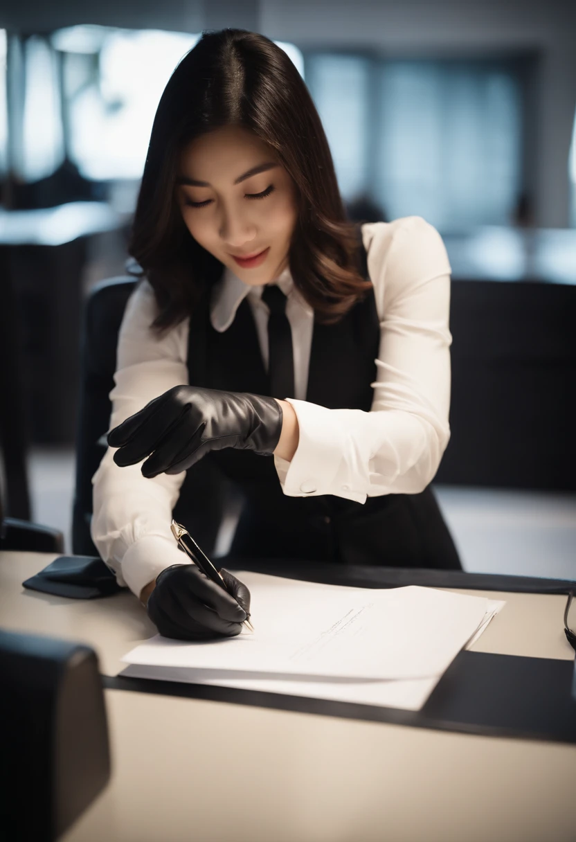 Wearing black leather gloves in both hands, upper body, black business suit, facing the desk in the modern study in the dark, looking down, smiling, writing a letter using a fountain pen, long, straight black hair, young and cute face Japanese female new employee (black leather gloves cover both hands)What