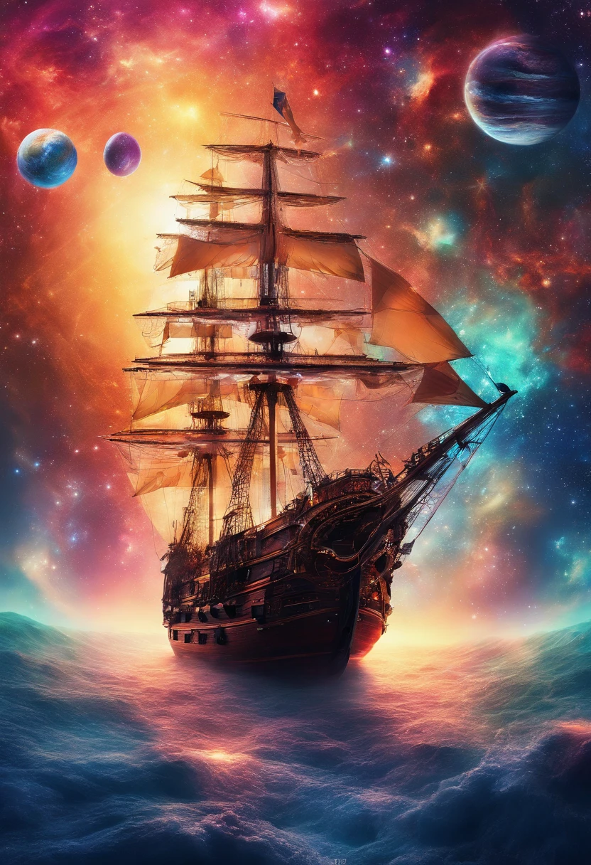 A sailing ship sailing in outer space、appearance々Colored Planets、Stellar is shining、Andromeda Nebula、Possibility of interstellar learning. 8K、super long shot,Masterpiece、top-quality、