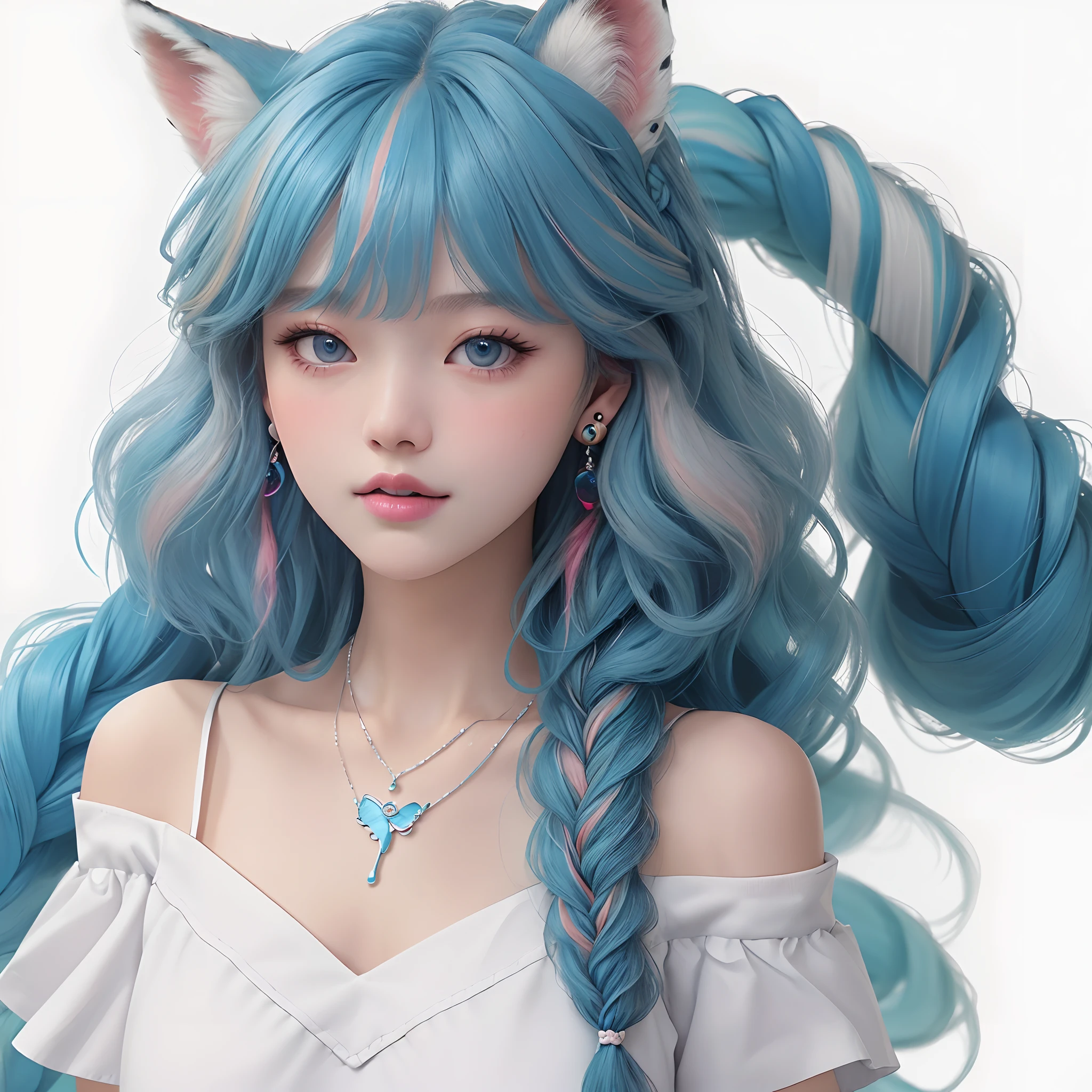 Masterpiece, Best Quality, High Resolution, (whitebackground: 1.4), [glistering], [looking at the viewer, Portrait, 1 Sweet Chinese Girl], (Long hair, Blue hair, wavy curls, Multi-colored twisted large braid: 1.3, fluffy fox ears, air bangs), White short sleeves with bare shoulders, delicate facial features, pink lips, earings, necklace