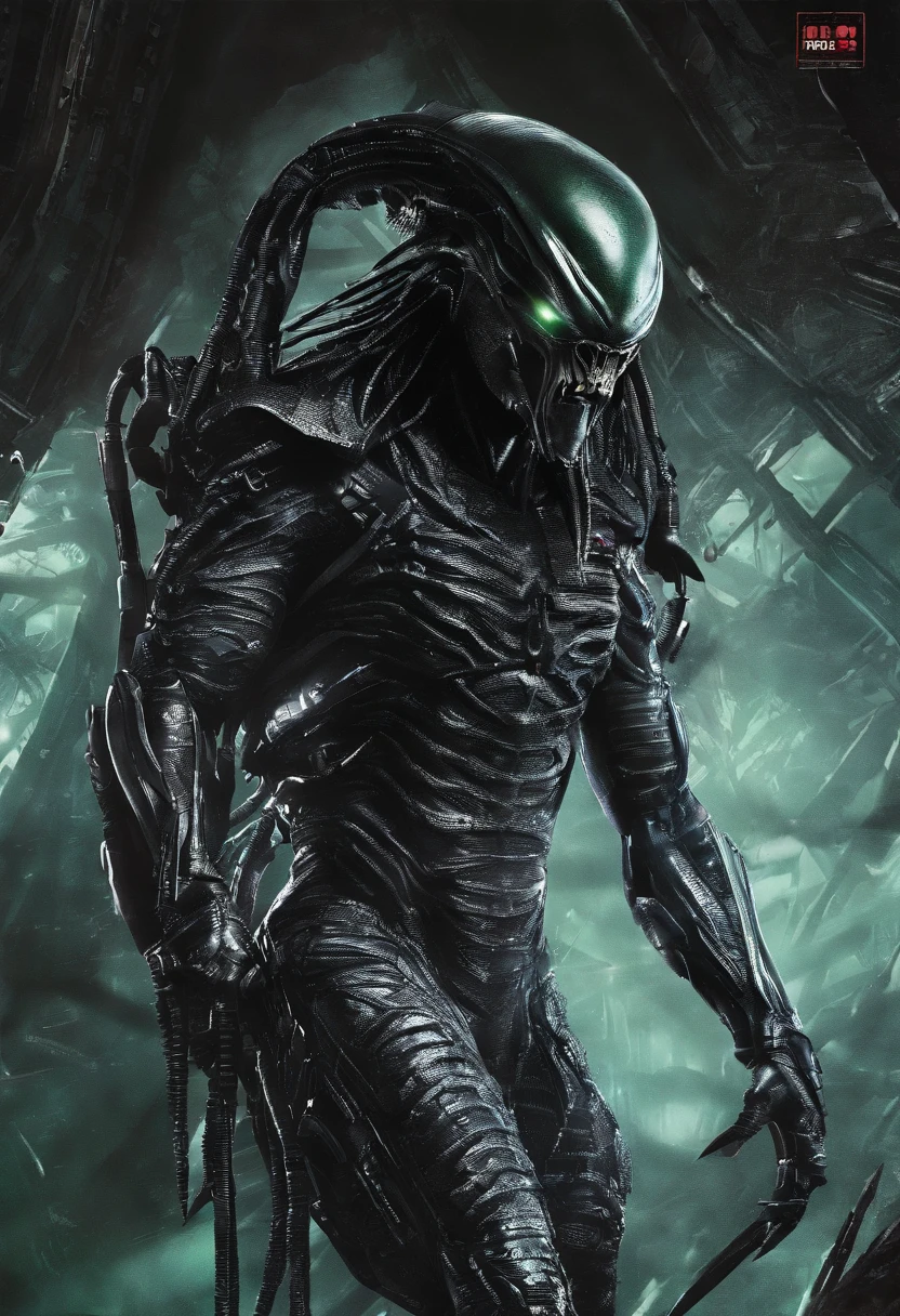 (((Very close up (((Predator fusion Xenomorph Alien the eighth passenger))),(((black color))) surreal and cinematographic images Color Splash images))),(((Front Images)))