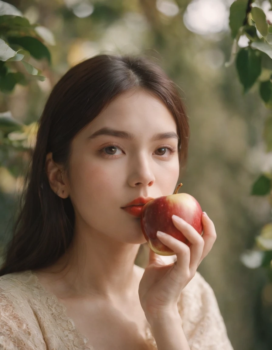 a young woman is holding and eating a apple, in the style of kodak portra, light crimson and amber, oshare kei, y2k aesthetic, distinctive noses,