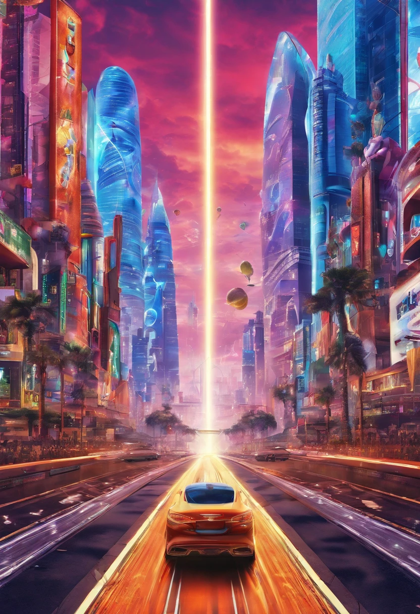 photo realistic, electric spectaculars, mirage of future city, straight road toward back, 8K, highly detailed, extreme coloring, spiritual