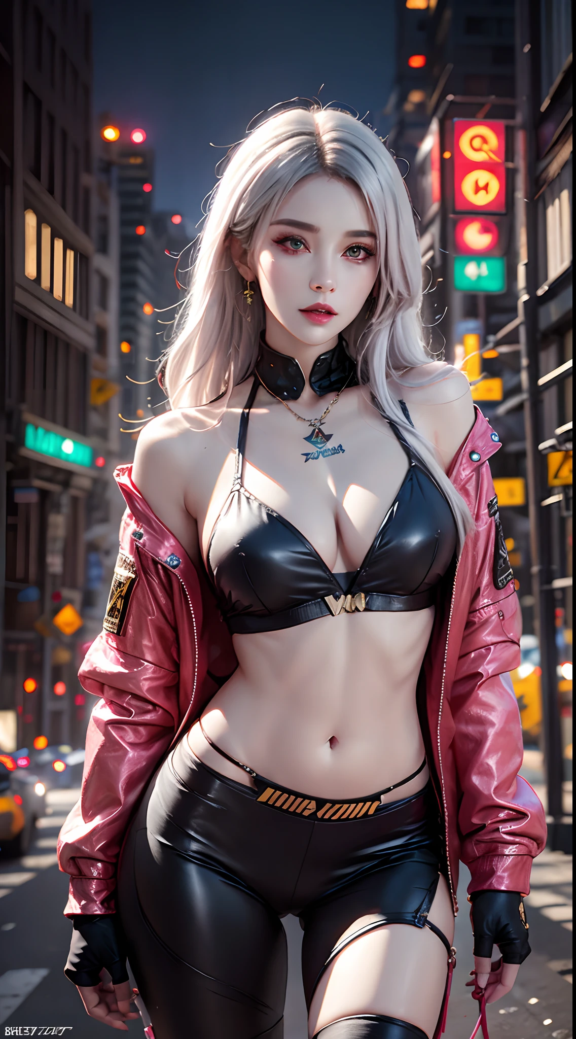 photorealistic, high resolution, 1women, mature female, solo, hips up, jewelry, tattoo, white hair, long hair, make up, pink lips, cyber wear, jacket, cyberpunk 2077 style, night city, neon lights