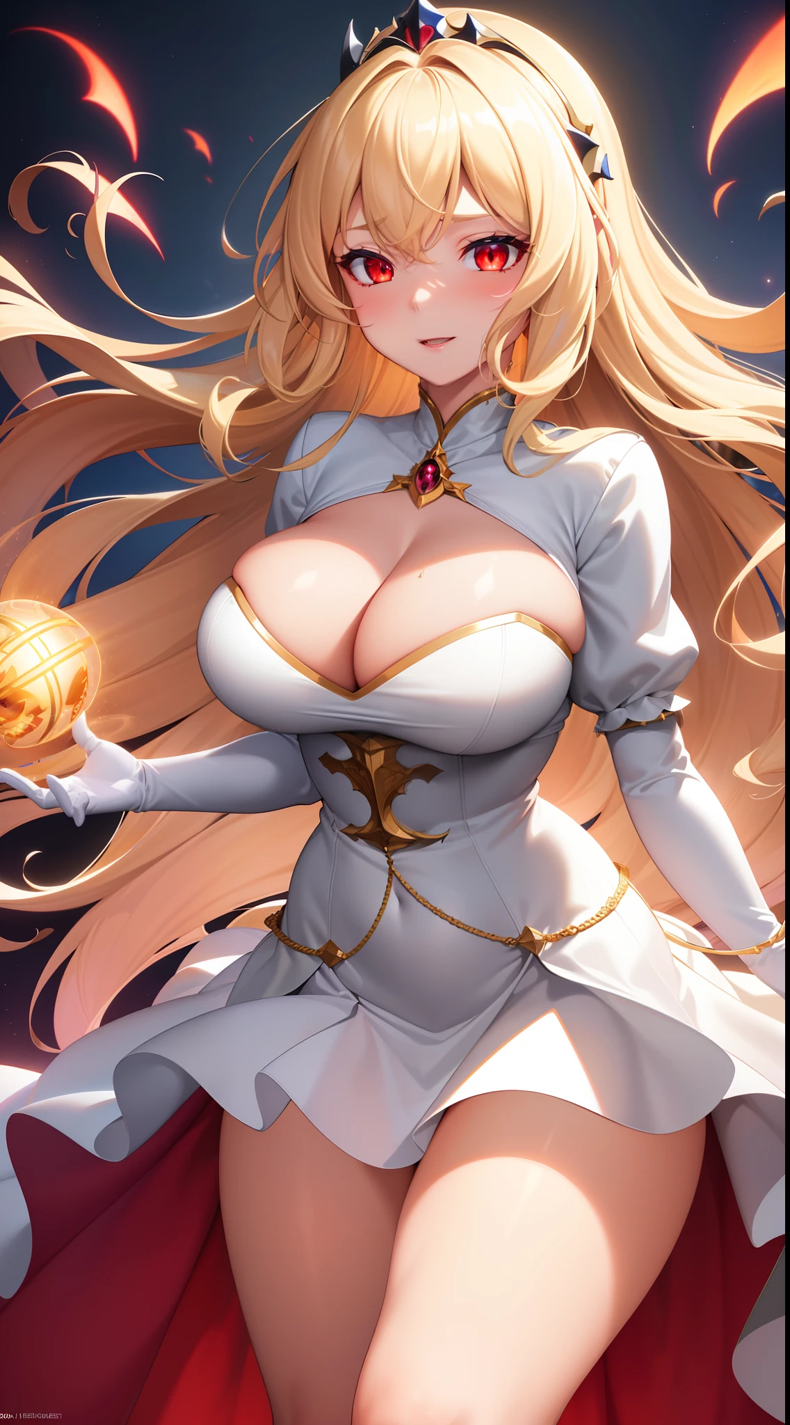 (best quality:1.5, highres, UHD, 4K, detailed lighting, shaders), blonde wavy hair, large breasts, white princess dress, cleavage, thighs, skirt, standing, (glowing red eyes, evil face), mad, night, dark castle background