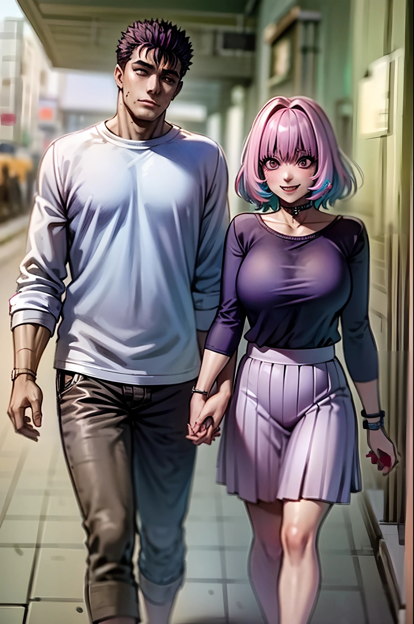 masterpiece, best quality, 1girl, riamu, blue shirt, pleated skirt, solo, simple background, riamu and guts, husband and wife, couple happy in a beach, , purple hair,1boy, in couple, affection, love,relationship, lovey dovey, happy, , smile, walking, in a family mart