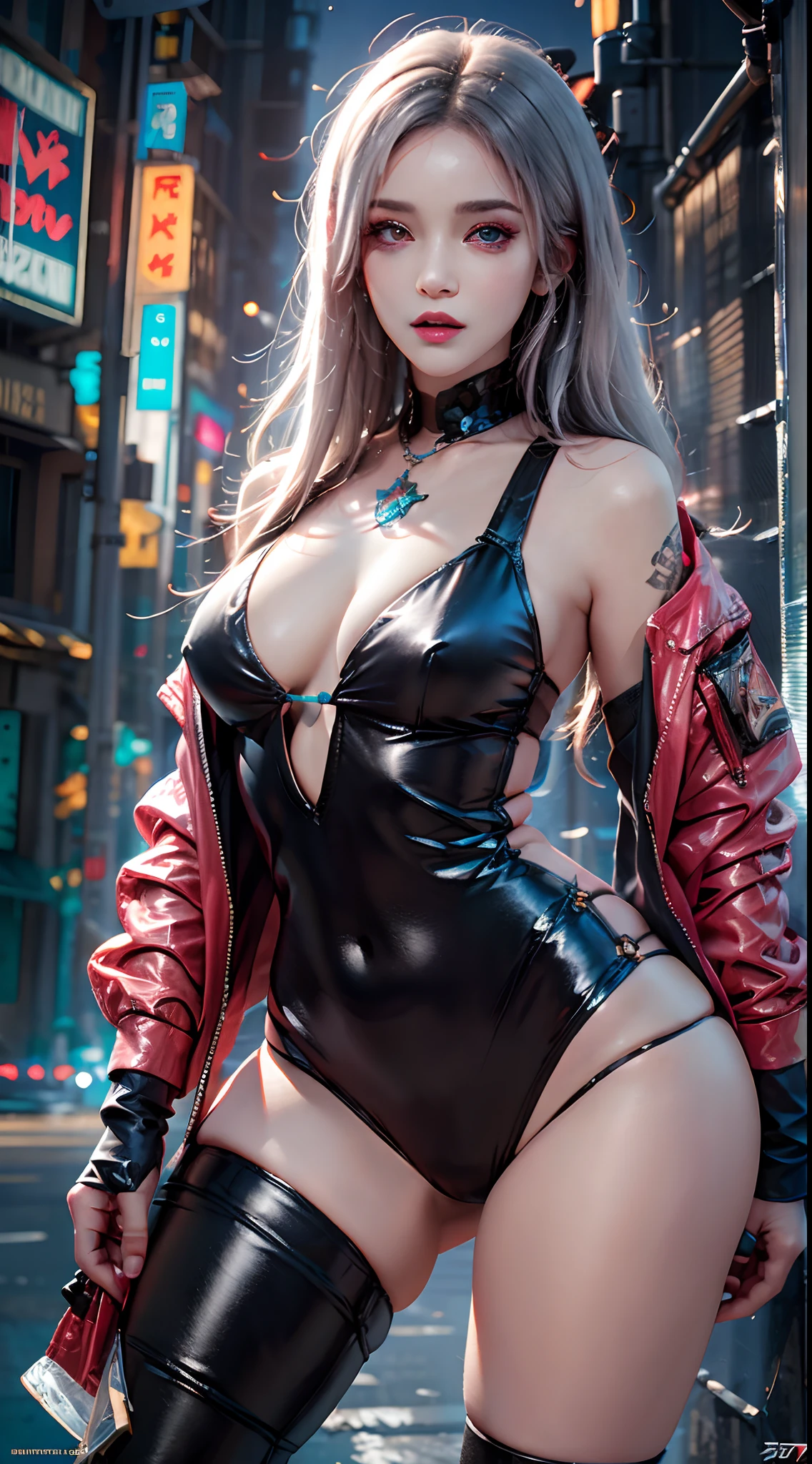 photorealistic, high resolution, 1women, mature female, solo, hips up, jewelry, tattoo, white hair, long hair, make up, pink lips, cyber wear, jacket, cyberpunk 2077 style, night city, neon lights