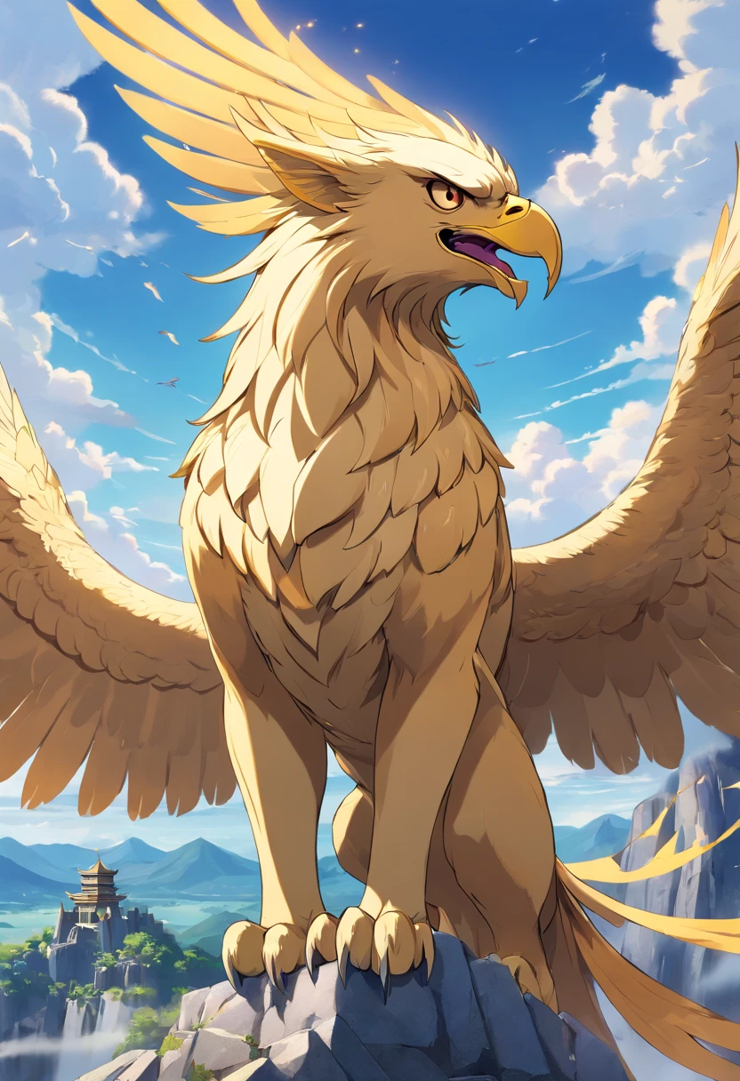 Gryphon, mythological creatures, Majestic, Powerful wings, Lion body, Eagle head, Fierce gaze, Sharp claws, feater, Golden beak, Large size, Flying, Mountains, Cloudy sky, Ancient ruins, Fantasy realm, mythological landscape, Epic, magical, mythological creatures, mythological beasts, Fierce, Mythical monsters