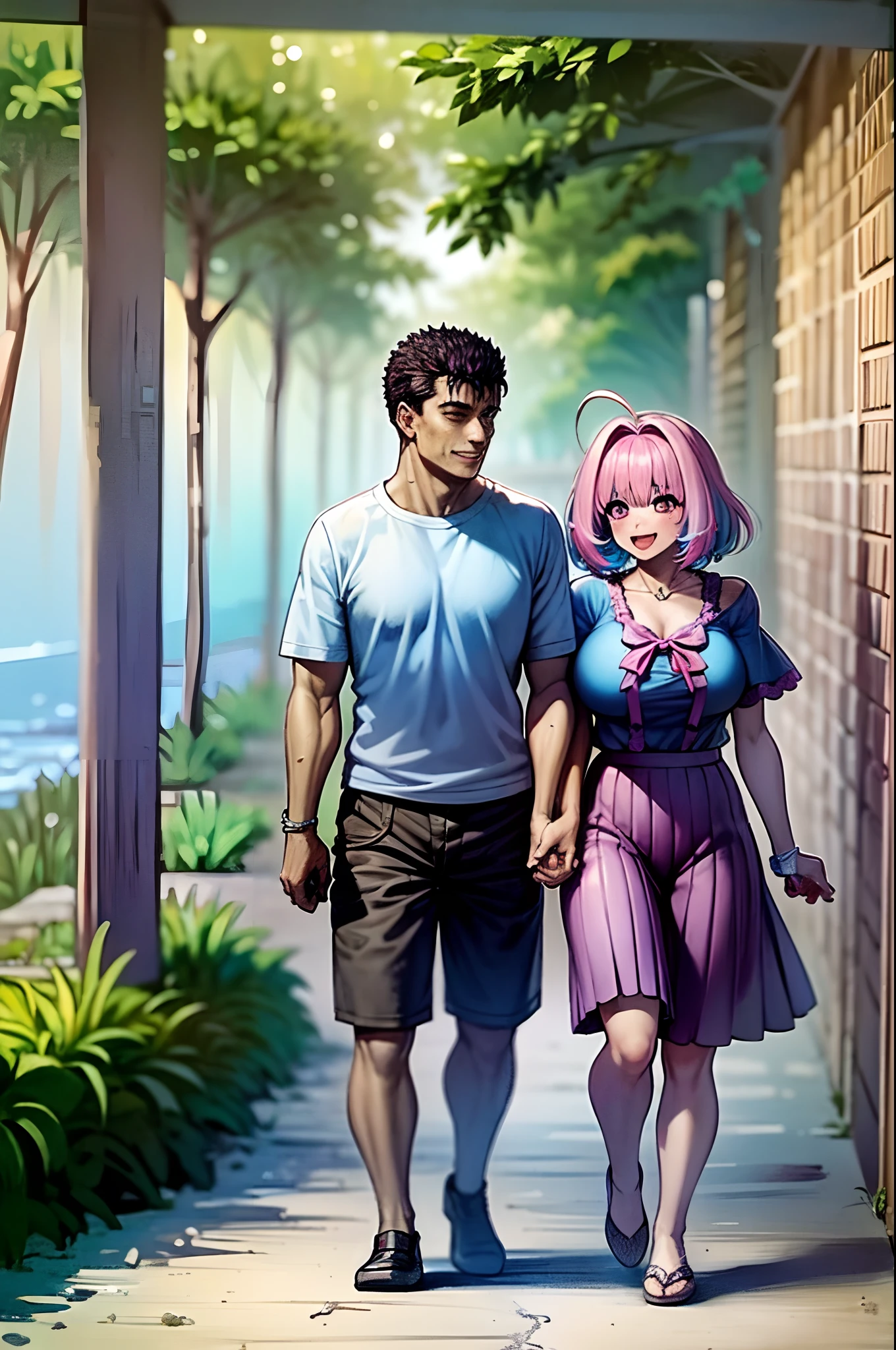 masterpiece, best quality, 1girl, riamu, blue shirt, pleated skirt, solo, simple background, riamu and guts, husband and wife, couple happy in a beach, , purple hair,1boy, in couple, affection, love,relationship, lovey dovey, happy, , smile, walking, in a family mart