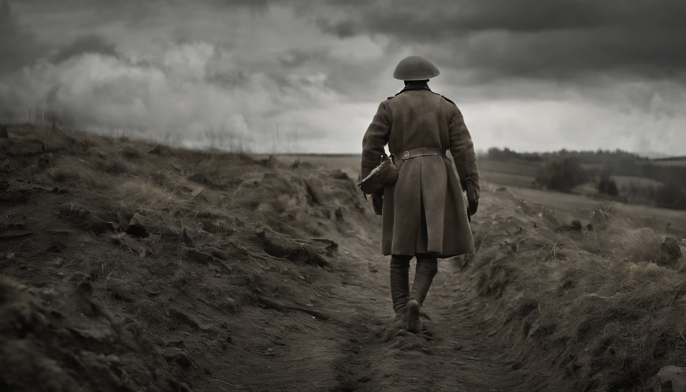 trench,WW1、Wounded soldier,,battleing、hopelessness