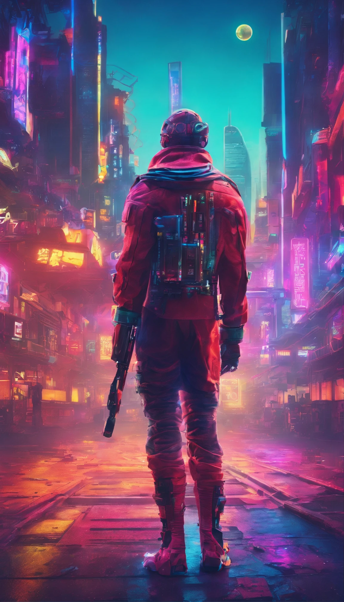 A scientist with a cyberpunk style,Semi-mechanized scientists,Combat posture,majestic-looking,Affection for moving forward,Stunning colors。Set in a futuristic cyberpunk style city,the street,Crowds with blurred vistas,(Movie lighting),(light and shadow effect),(unreal-engine),(Tyndall),(cinema4d),(Super futuristic fantasy style),(8k wallpaper),(tmasterpiece),(Photography Award),realisticlying