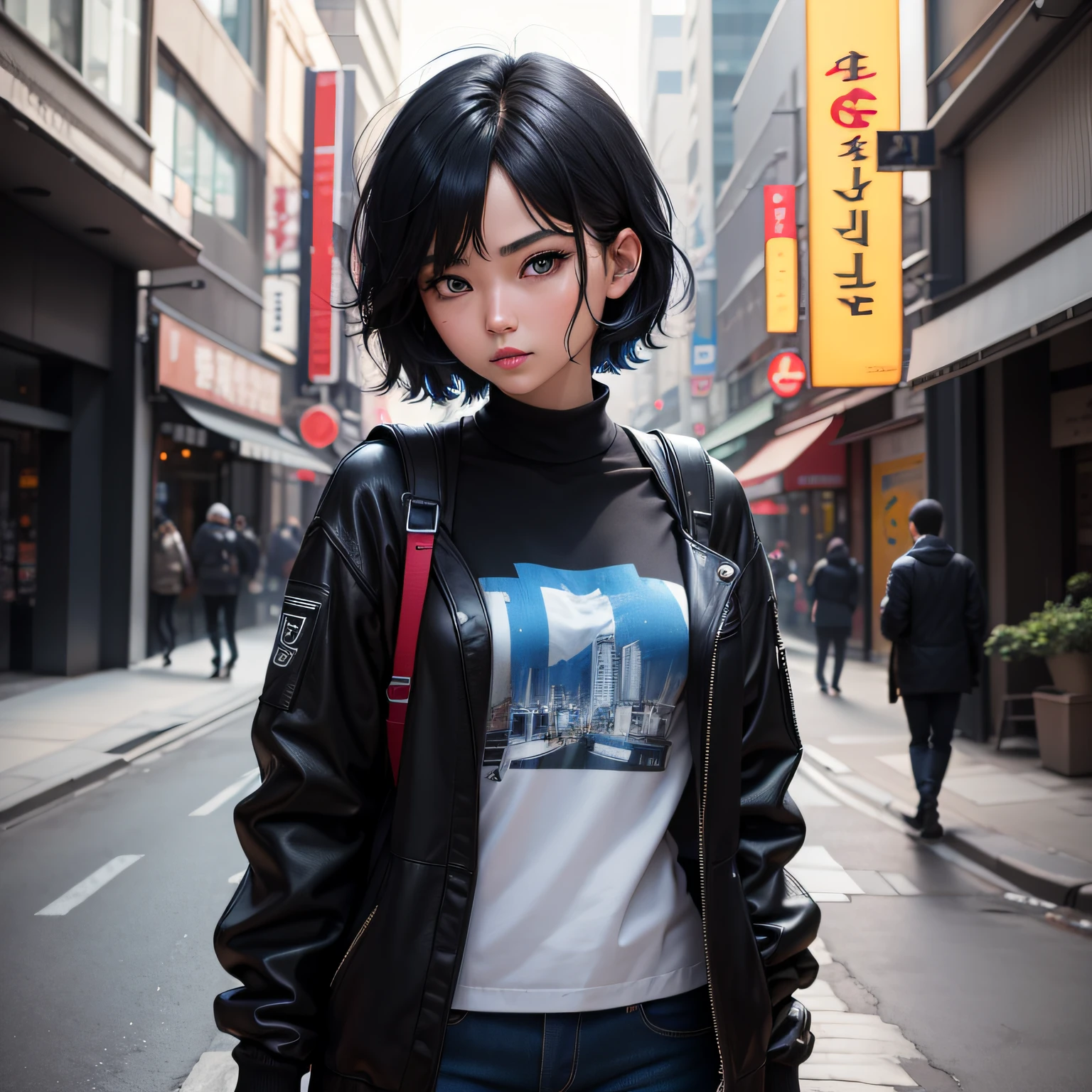 1 girl, short black hair, blue eyes, bloke core style fashion, Seoul, absurdess, high res, ultrasharp, 8K, masterpiece, looking at viewer