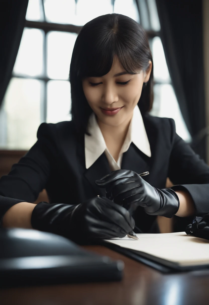 Wearing black leather gloves in both hands, upper body, black business suit, facing the desk in the modern study in the dark, looking down, smiling, writing a letter using a fountain pen, long, straight black hair, young and cute face Japanese female new employee (black leather gloves cover both hands)