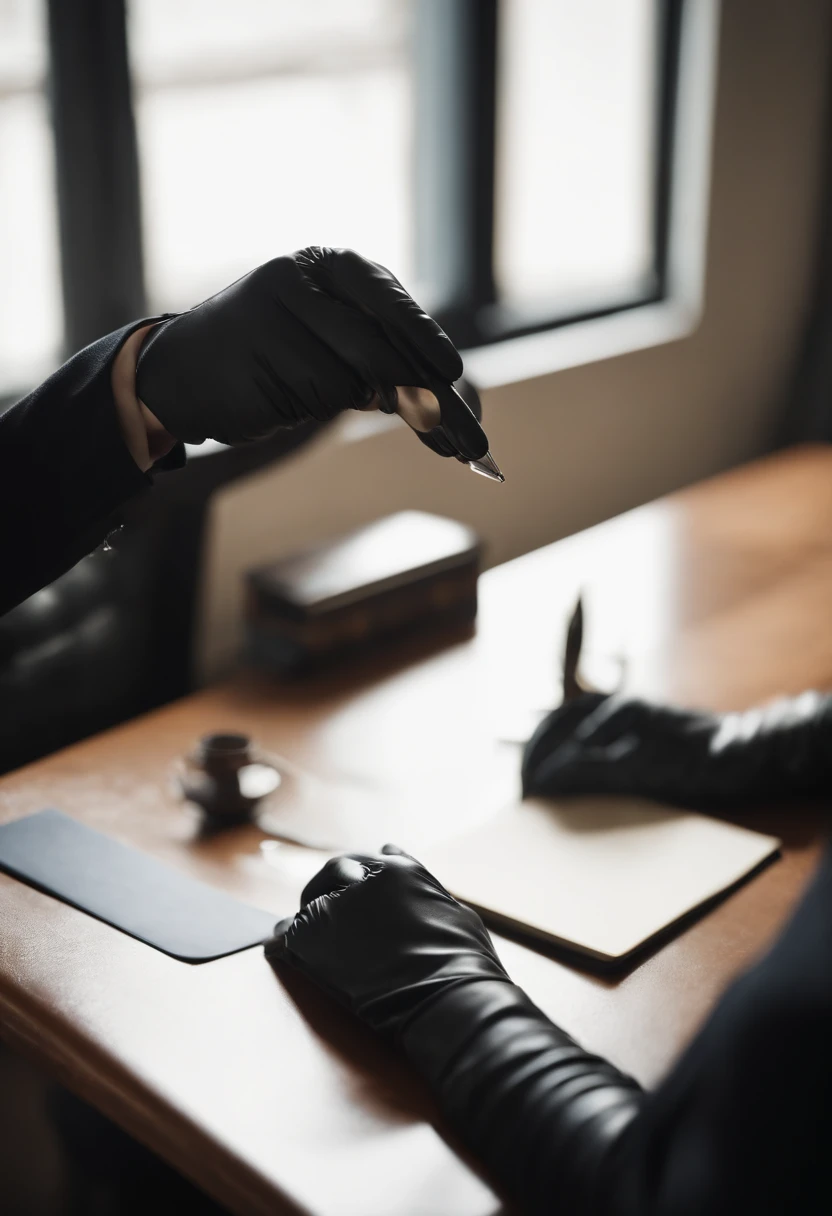 Wearing black leather gloves in both hands, upper body, black business suit, facing the desk in the modern study in the dark, looking down, smiling, writing a letter using a fountain pen, long, straight black hair, young and cute face Japanese female new employee (black leather gloves cover both hands)