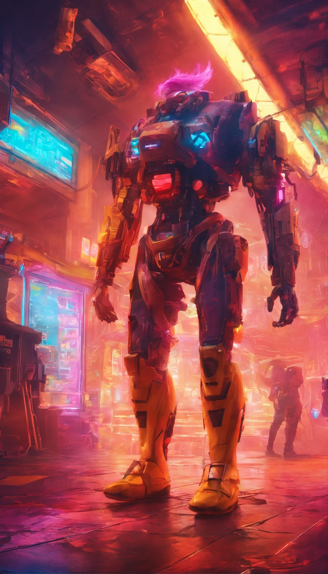 A scientist with a cyberpunk style,Semi-mechanized scientists,Combat posture,majestic-looking,Affection for moving forward,Stunning colors。Set in a futuristic cyberpunk style city,the street,Crowds with blurred vistas,(Movie lighting),(light and shadow effect),(unreal-engine),(Tyndall),(cinema4d),(Super futuristic fantasy style),(8k wallpaper),(tmasterpiece),(Photography Award),realisticlying