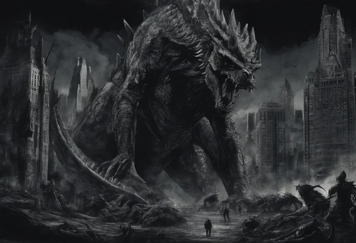 Space Monsters、The Monster、Giant dinosaur-shaped monster、Godzilla、King Ghidorah、King Kong、Monster War、New York Background、